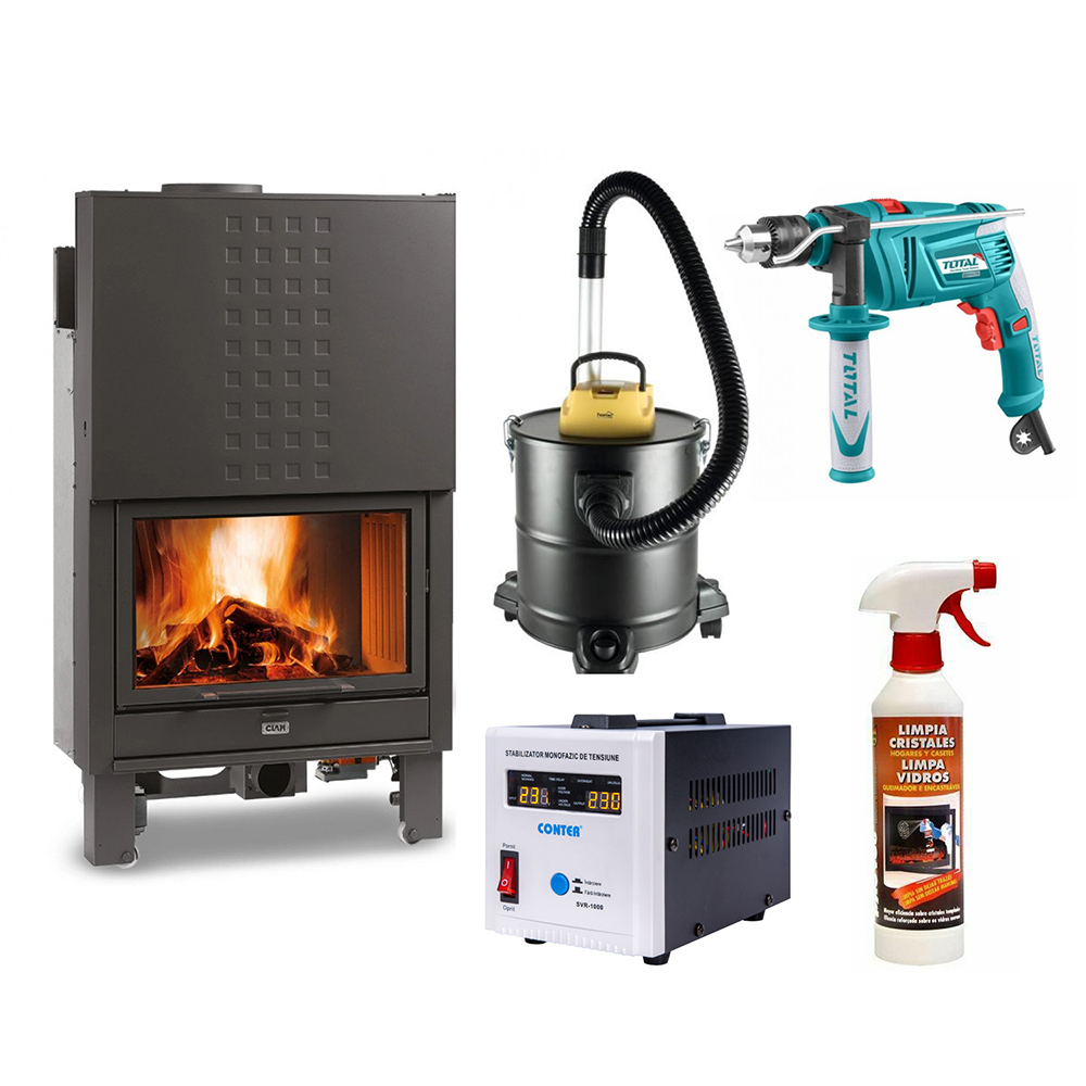 Termosemineu pe lemn cu agent termic clam energy 85 cu kit hidraulic montat + aspirator cenusa + stabilizator de tensiune + solutie de curatat sticla + bormasina
