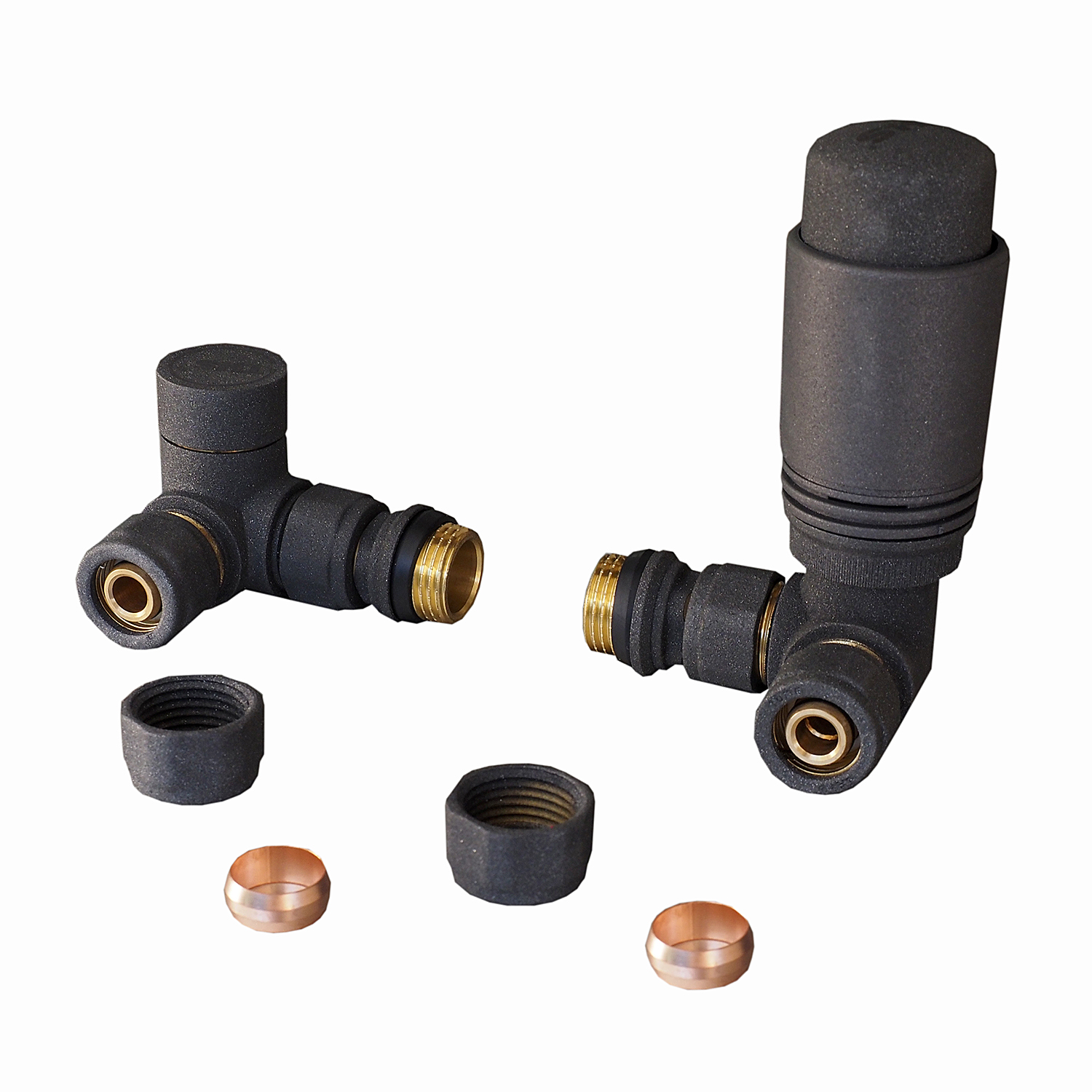 Set robineti radiator tur retur axiali Cayman negru antracit 1/2 x 16 mm + 1/2 x 15 mm