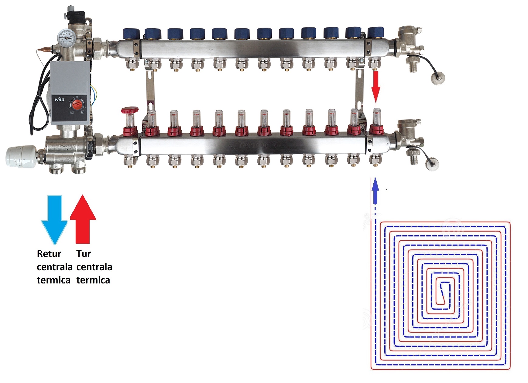 Exemplu montaj Sistem complex de amestec a agentului termic necesar incalzirii in pardoseala 12 circuite pex 17x2