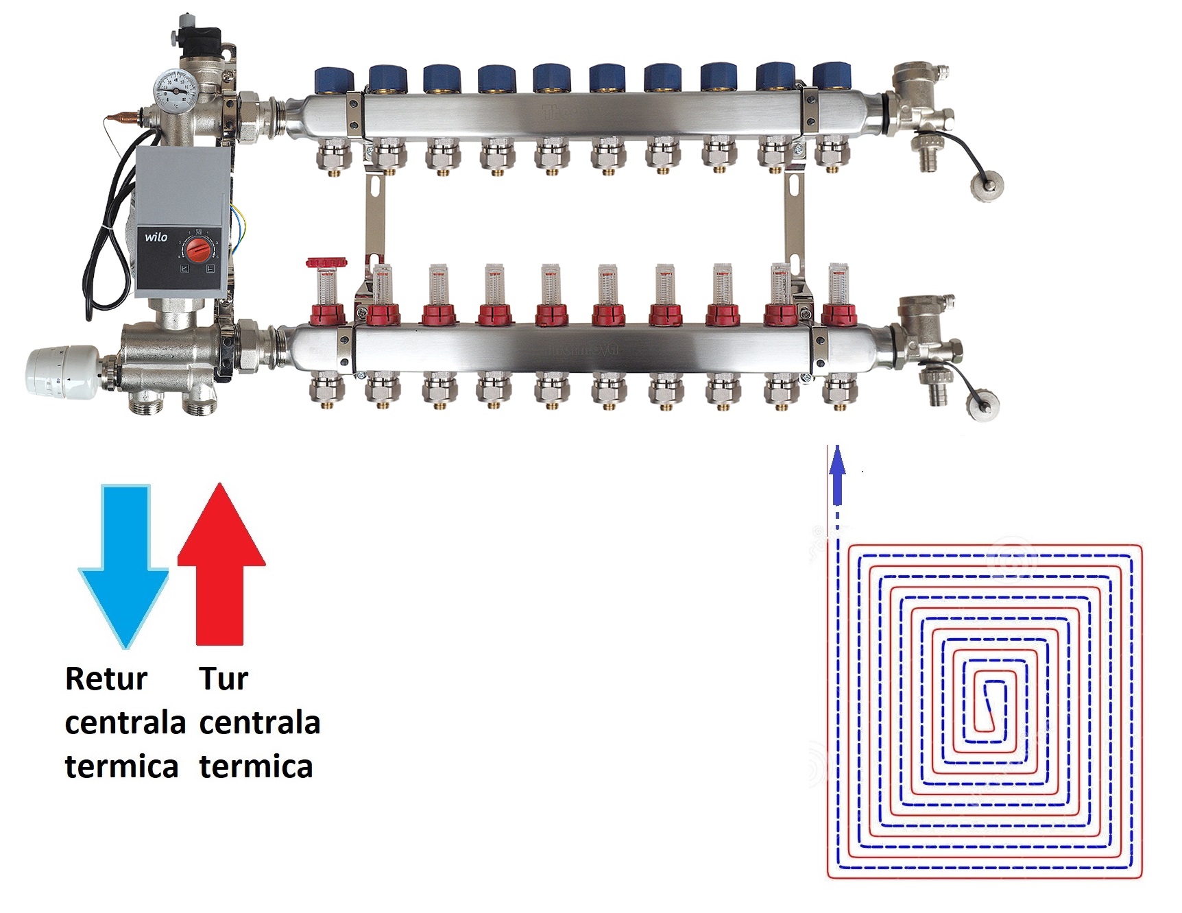 Montaj Sistem complex de amestec a agentului termic necesar incalzirii in pardoseala 10 circuite pex 16x2