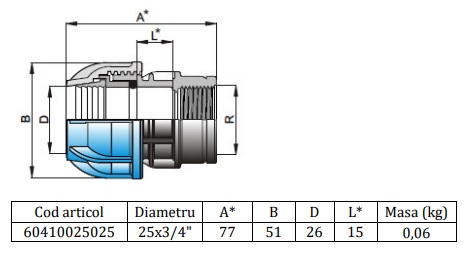 Dimensiune Racord compresiune Valrom WaterKIT teava polietilena phd 25 mm x 3/4 filet interior pn16