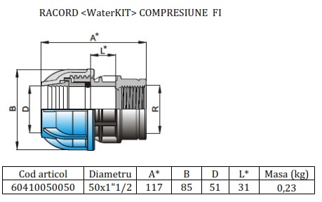 Dimensiune Racord compresiune Valrom WaterKIT teava polietilena phd 50 mm x 1 1/2 filet interior pn16