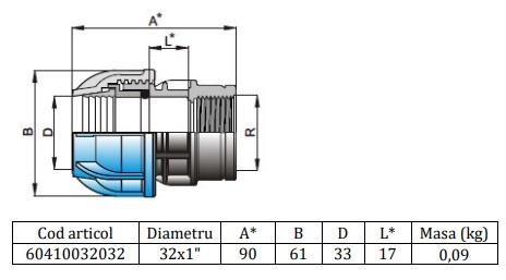 Dimensiune Racord compresiune Valrom WaterKIT teava polietilena phd 32 mm x 1 filet interior pn16