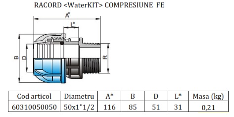 Dimensiune Racord compresiune Valrom WaterKIT teava polietilena phd 50 mm x 1 1/2 filet exterior pn16