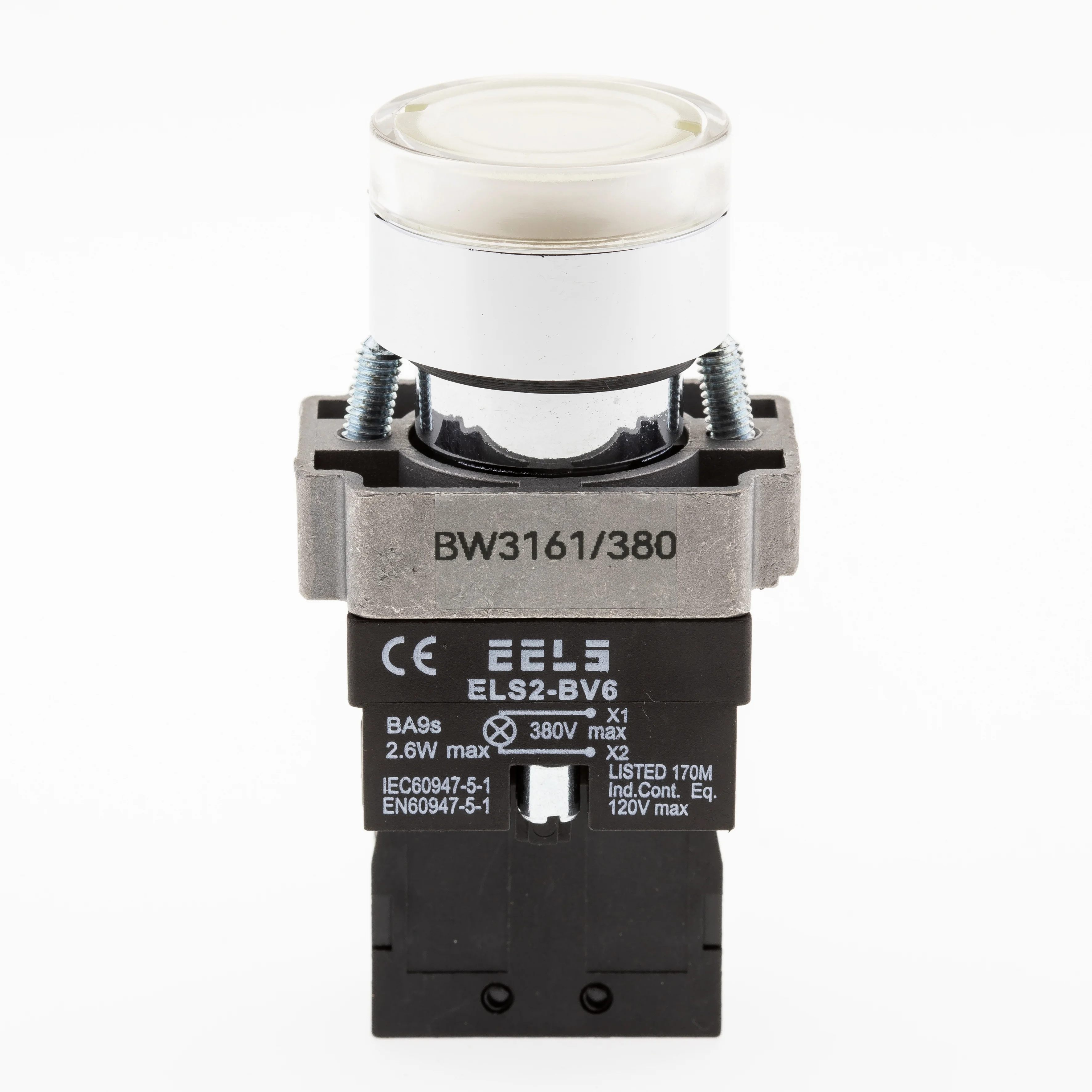 Buton alb cu led indicator prezenta tensiune 380V AC  ELS2-BW3161 1xNO, 3A/240V AC