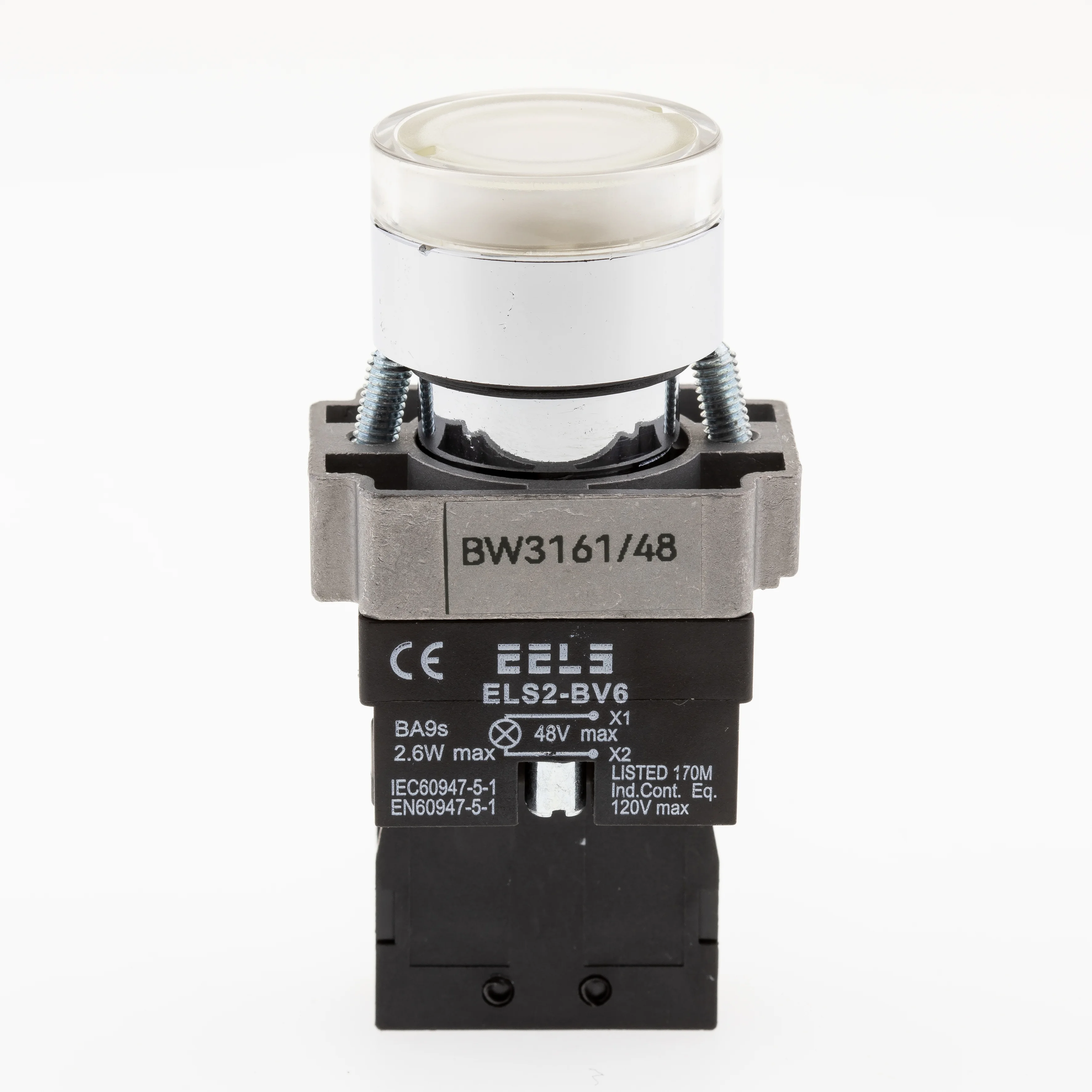 Buton alb cu led indicator prezenta tensiune 48V DC  ELS2-BW3161 1xNO, 3A/240V AC