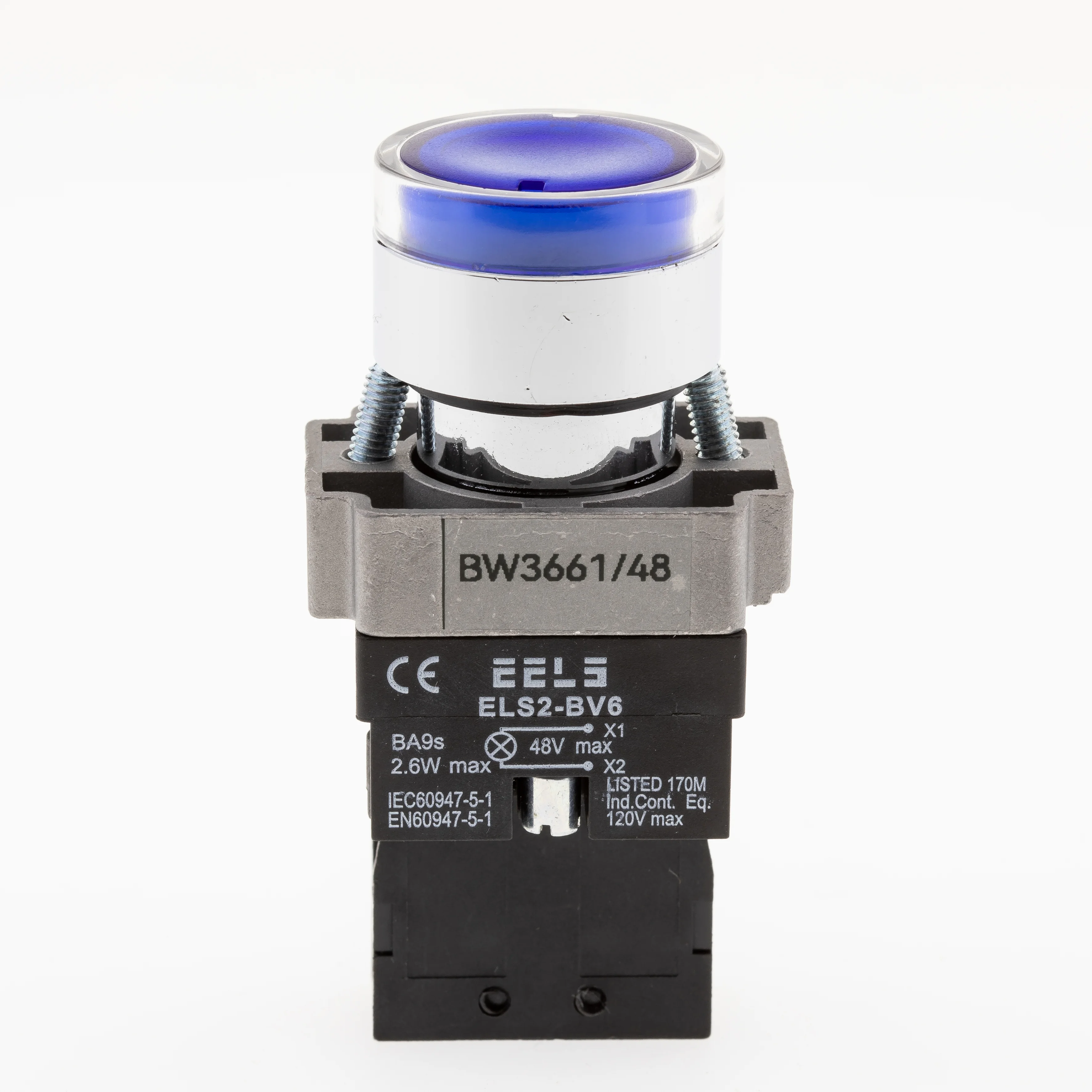 Buton albastru cu led indicator prezenta tensiune 48V DC  ELS2-BW3661 1xNO, 3A/240V AC