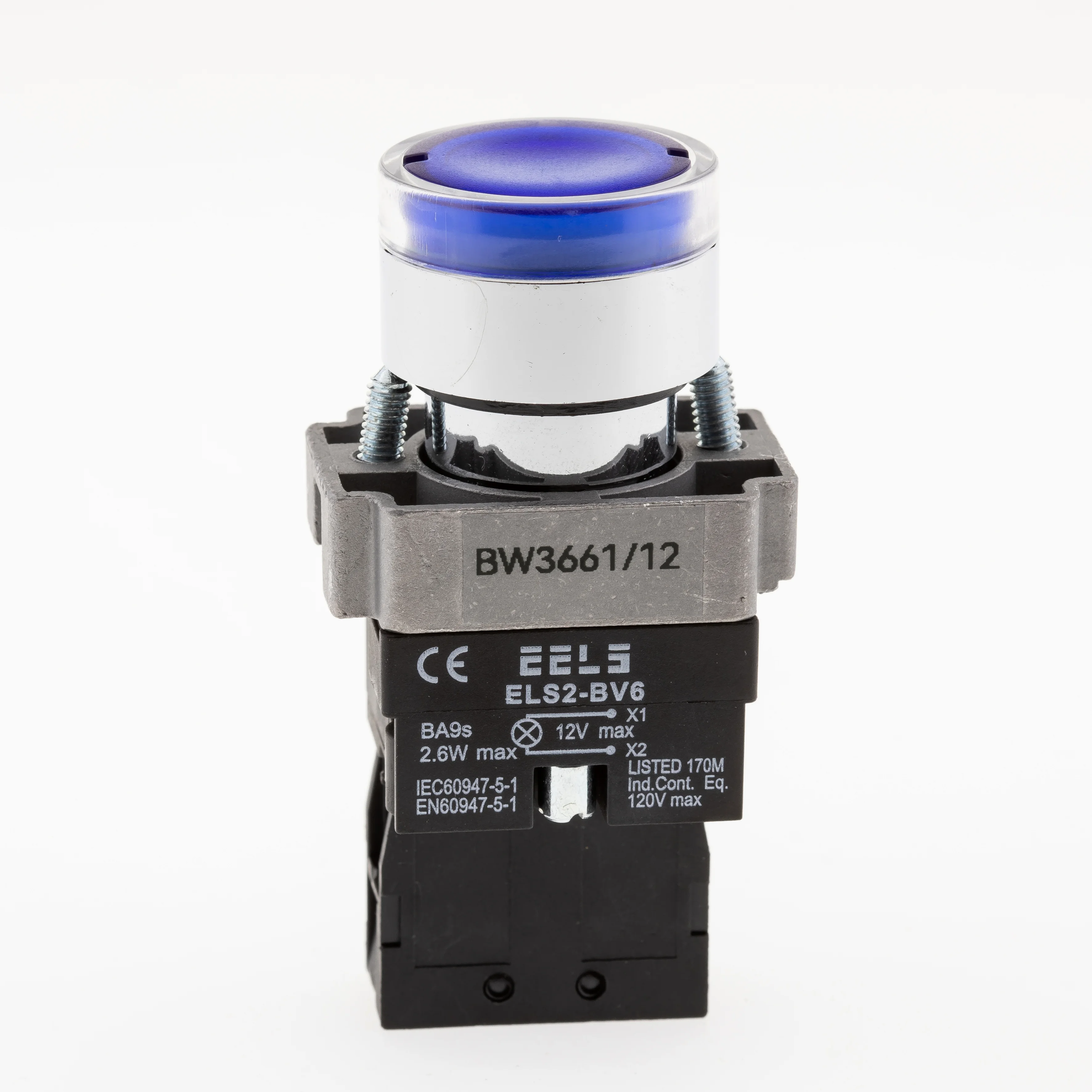 Buton albastru cu led indicator prezenta tensiune 12V DC  ELS2-BW3661 1xNO, 3A/240V AC