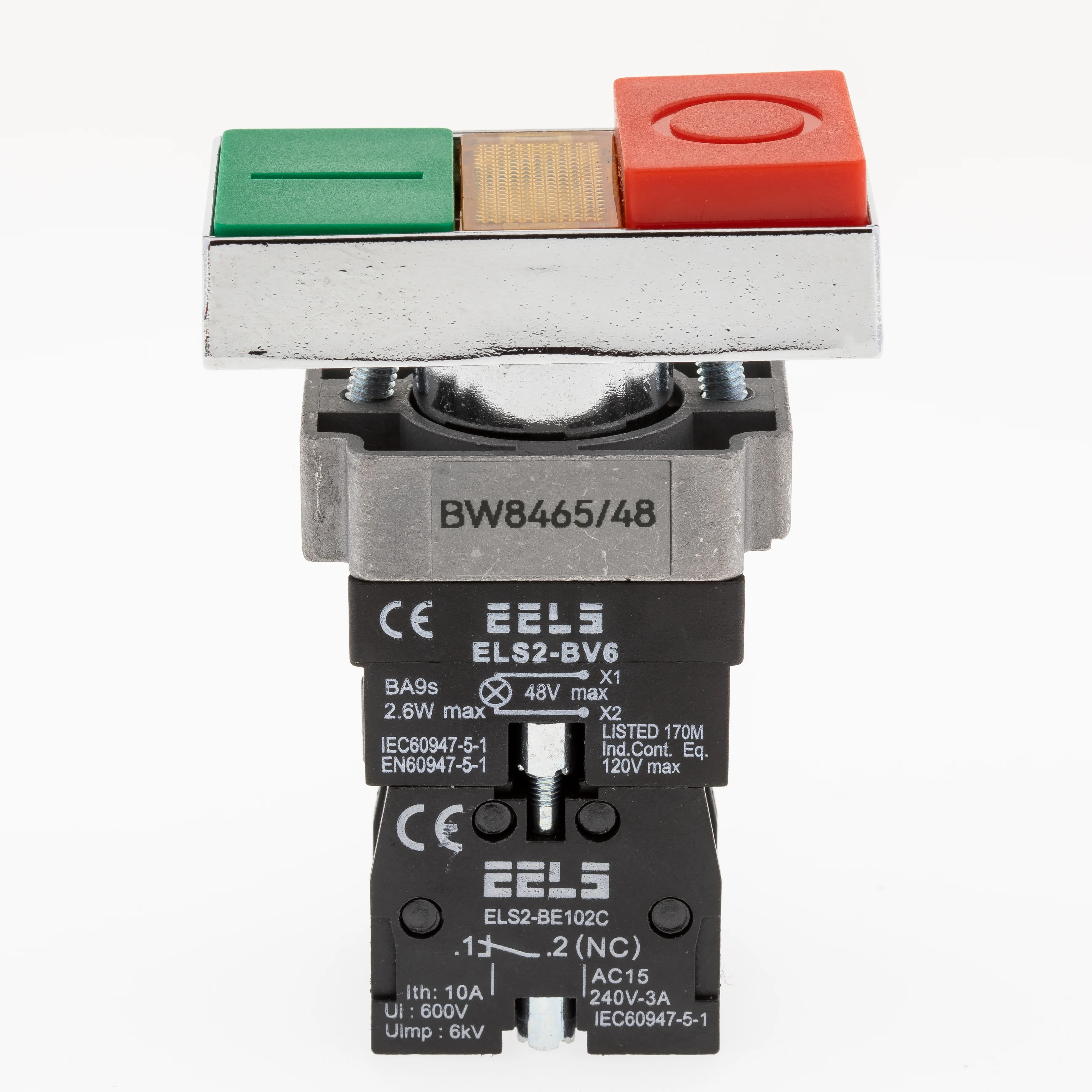 Buton dublu 0-1, rosu-verde cu indicator  luminos prezenta tensiune la 48V DC ELS2-BW8465 1xNO+1xNC, 3A/240V AC