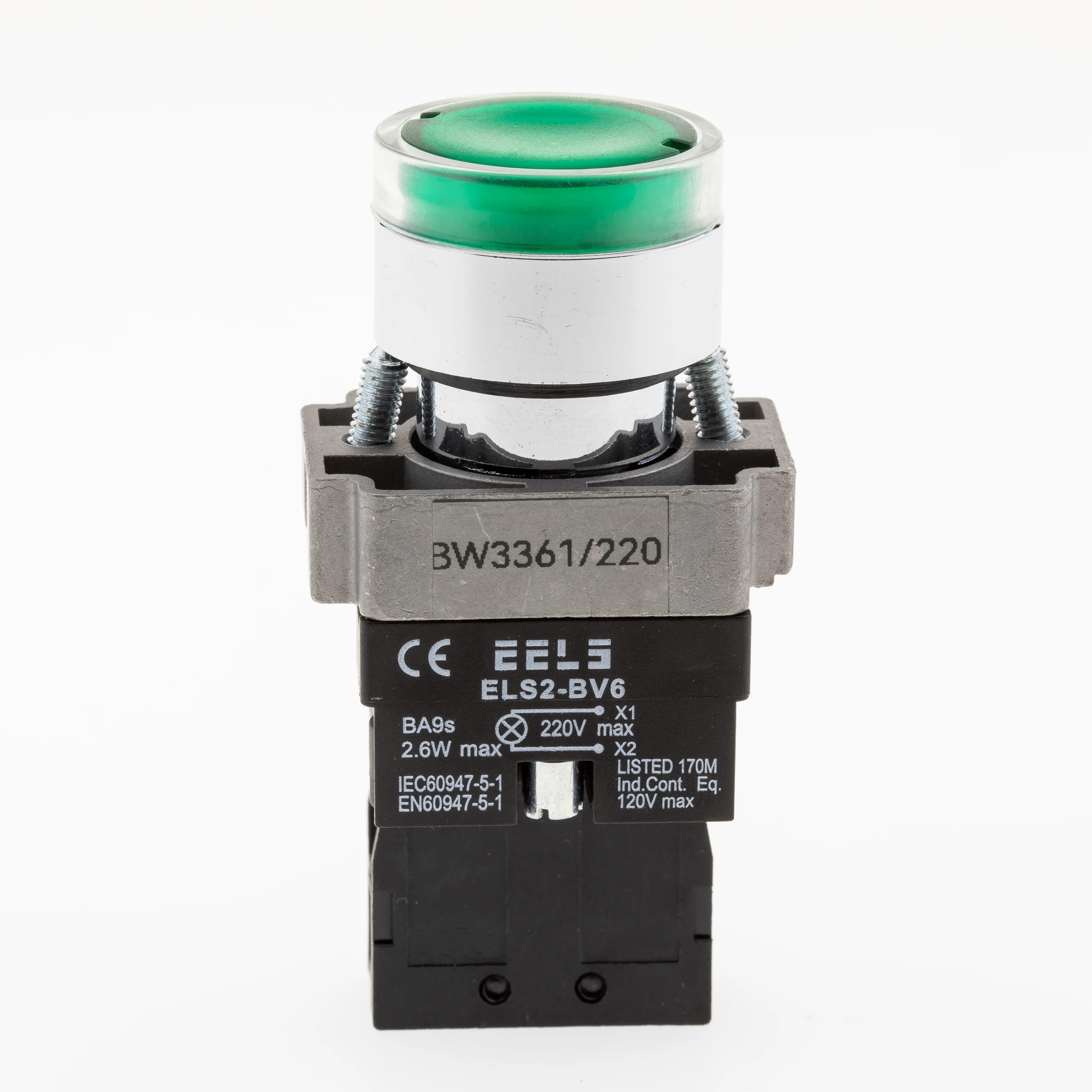 Buton verde cu led indicator prezenta tensiune 220V AC  ELS2-BW3361 1xNO, 3A/240V AC
