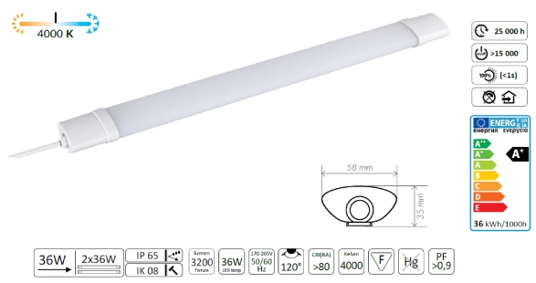 CORP LED 36W 3200lm 4000K NW 840 120° IP65 170V-265V AC, 1200x58x35 mm