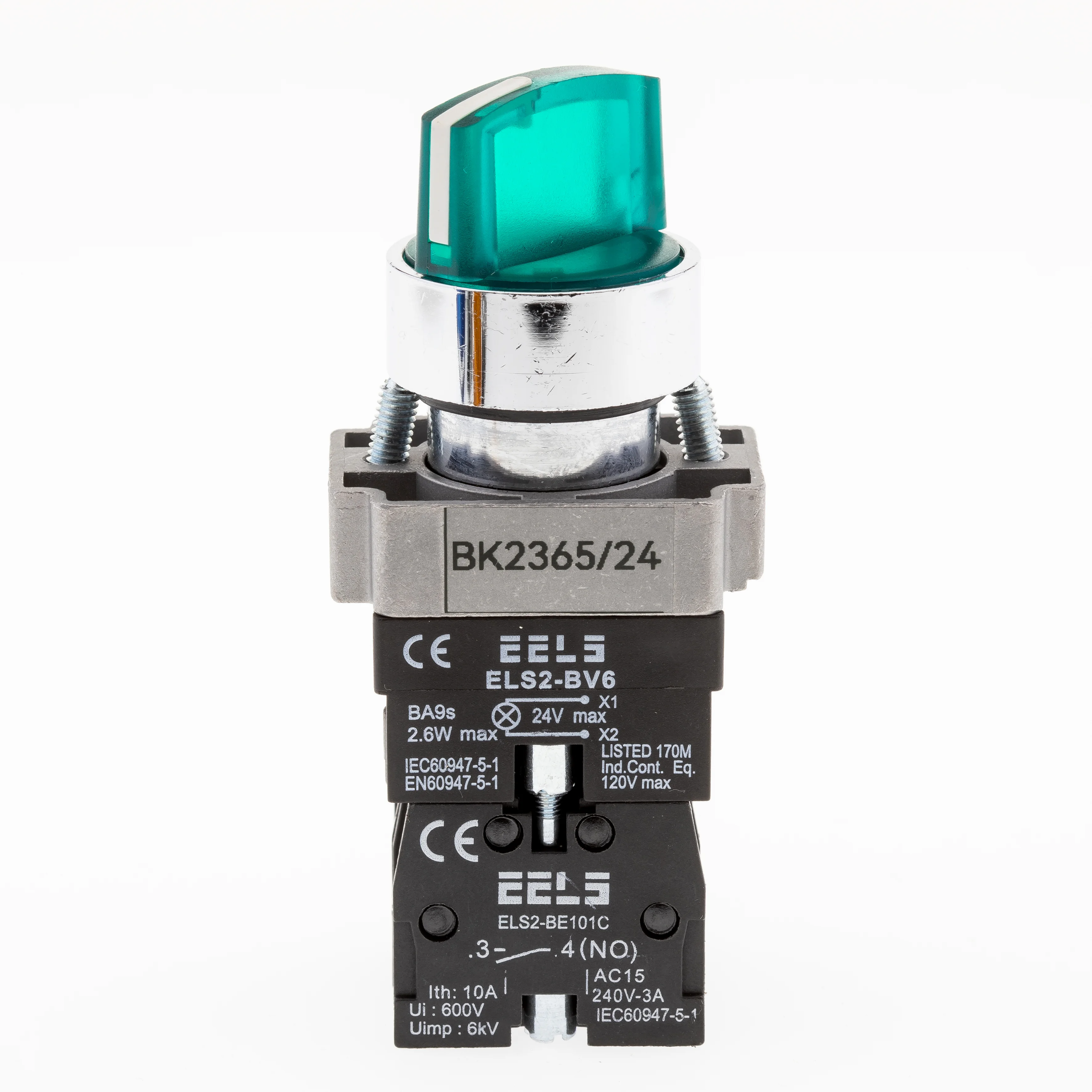 Selector 2 pozitii cu retinere maner iluminat led culoarea verde 24V DC  ELS2-BK2365 1xNO+1xNC, 3A/240V AC