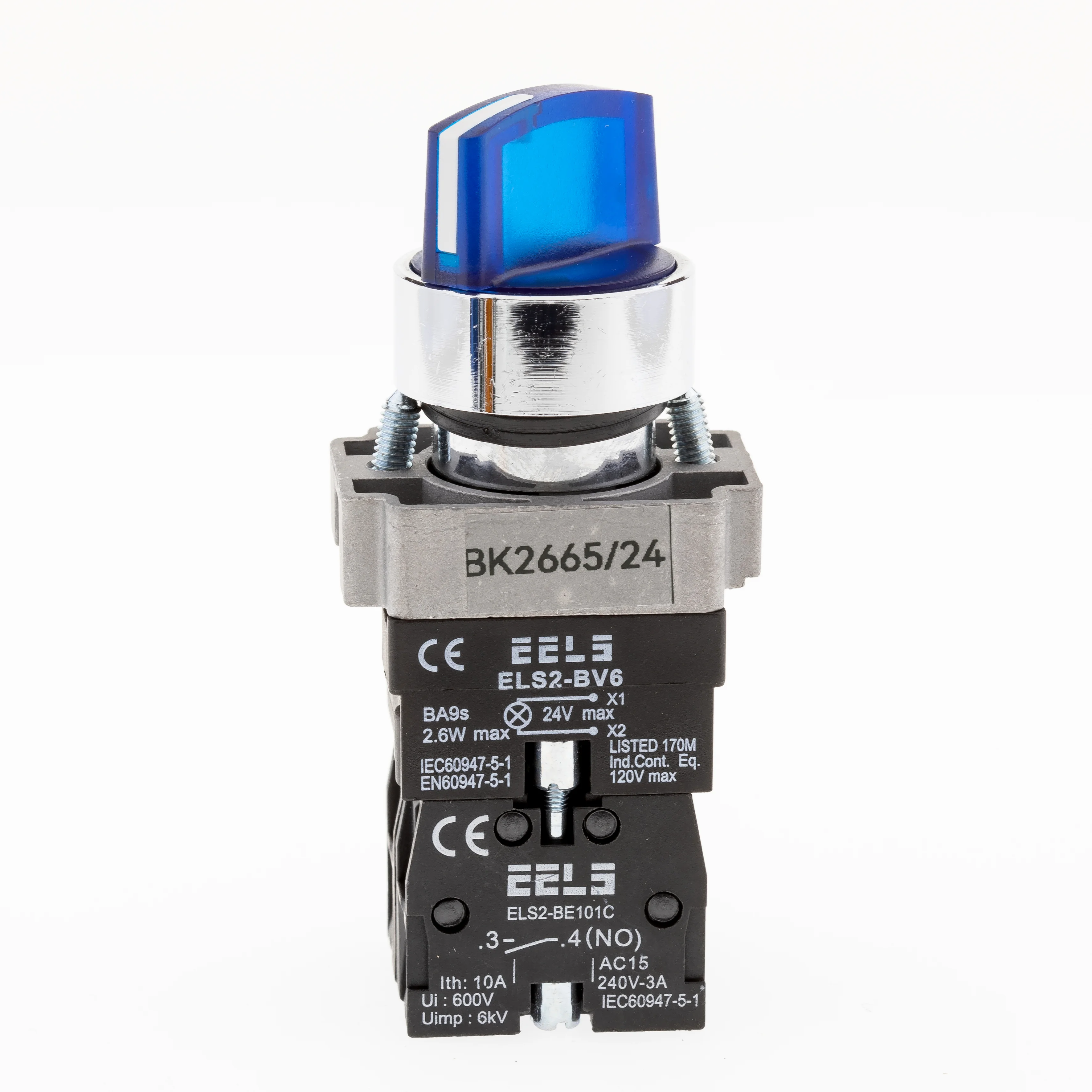 Selector 2 pozitii cu retinere maner iluminat led culoarea albastra 24V DC  ELS2-BK2665 1xNO+1xNC, 3A/240V AC