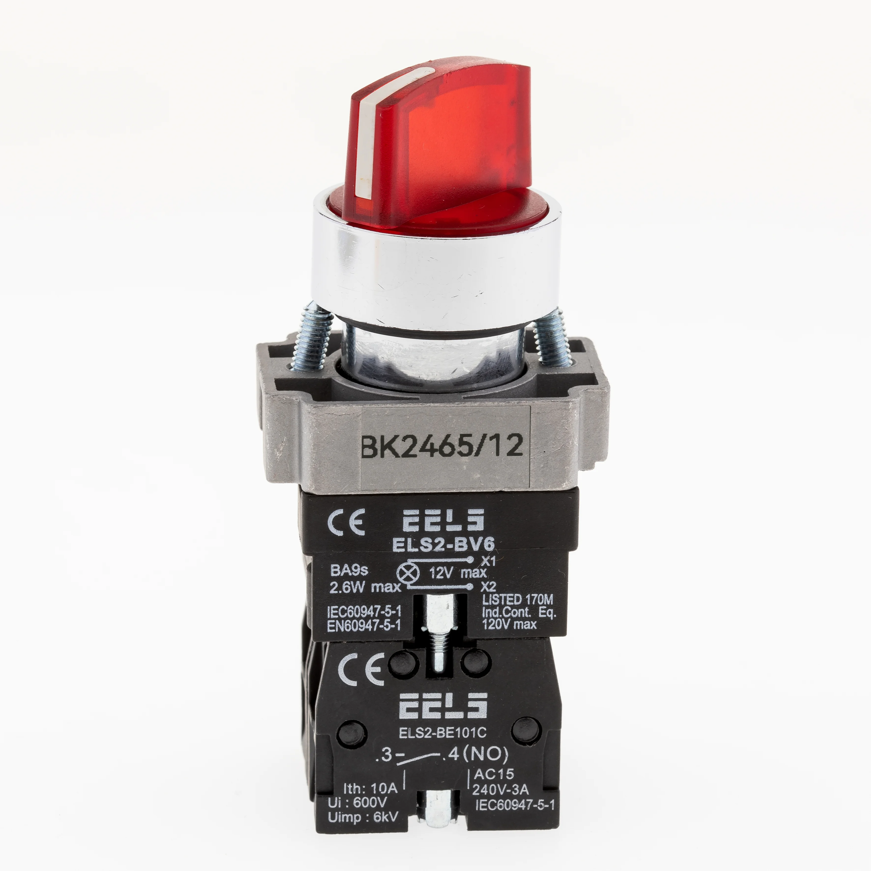 Selector 2 pozitii cu retinere maner iluminat led culoarea rosie 12V DC  ELS2-BK2465 1xNO+1xNC, 3A/240V AC