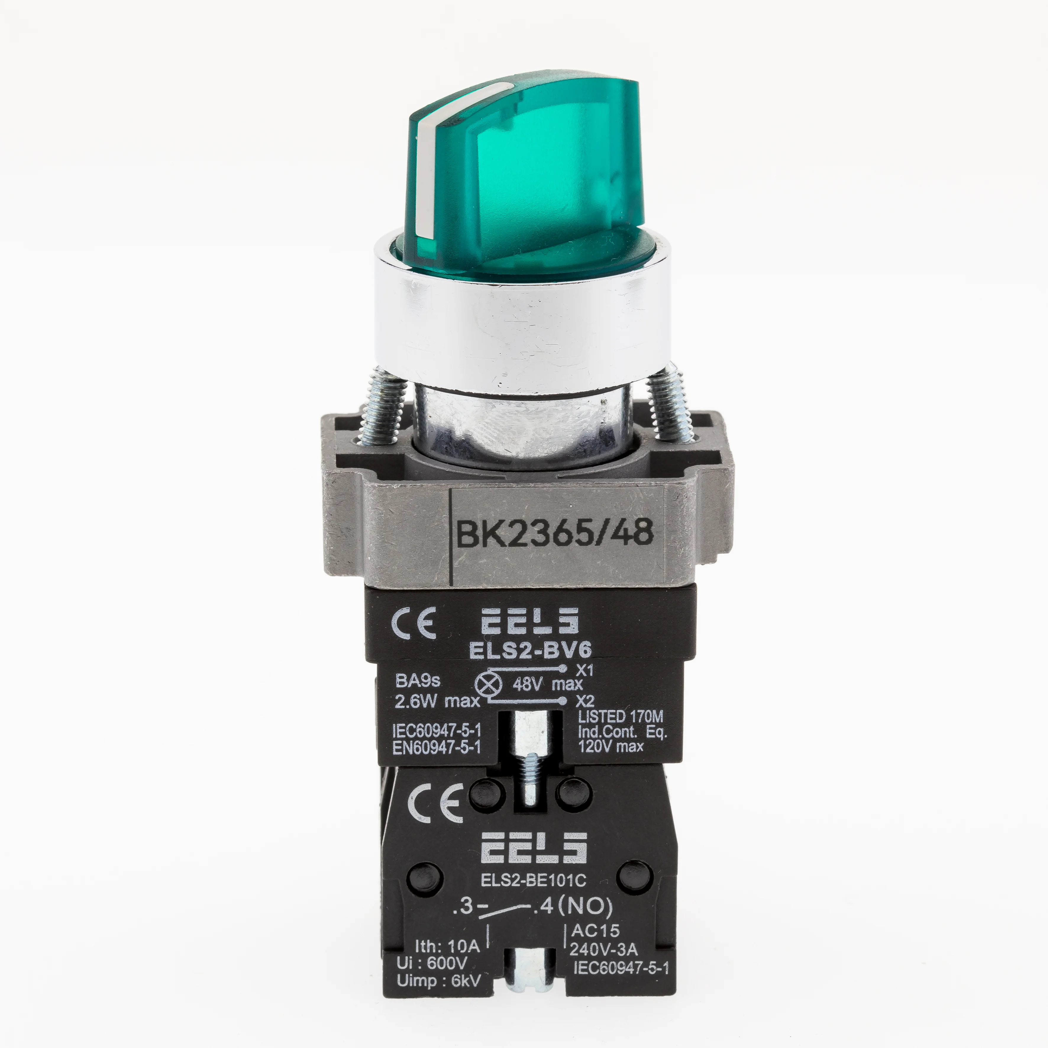 Selector 2 pozitii cu retinere maner iluminat led culoarea verde 48V DC  ELS2-BK2365 1xNO+1xNC, 3A/240V AC