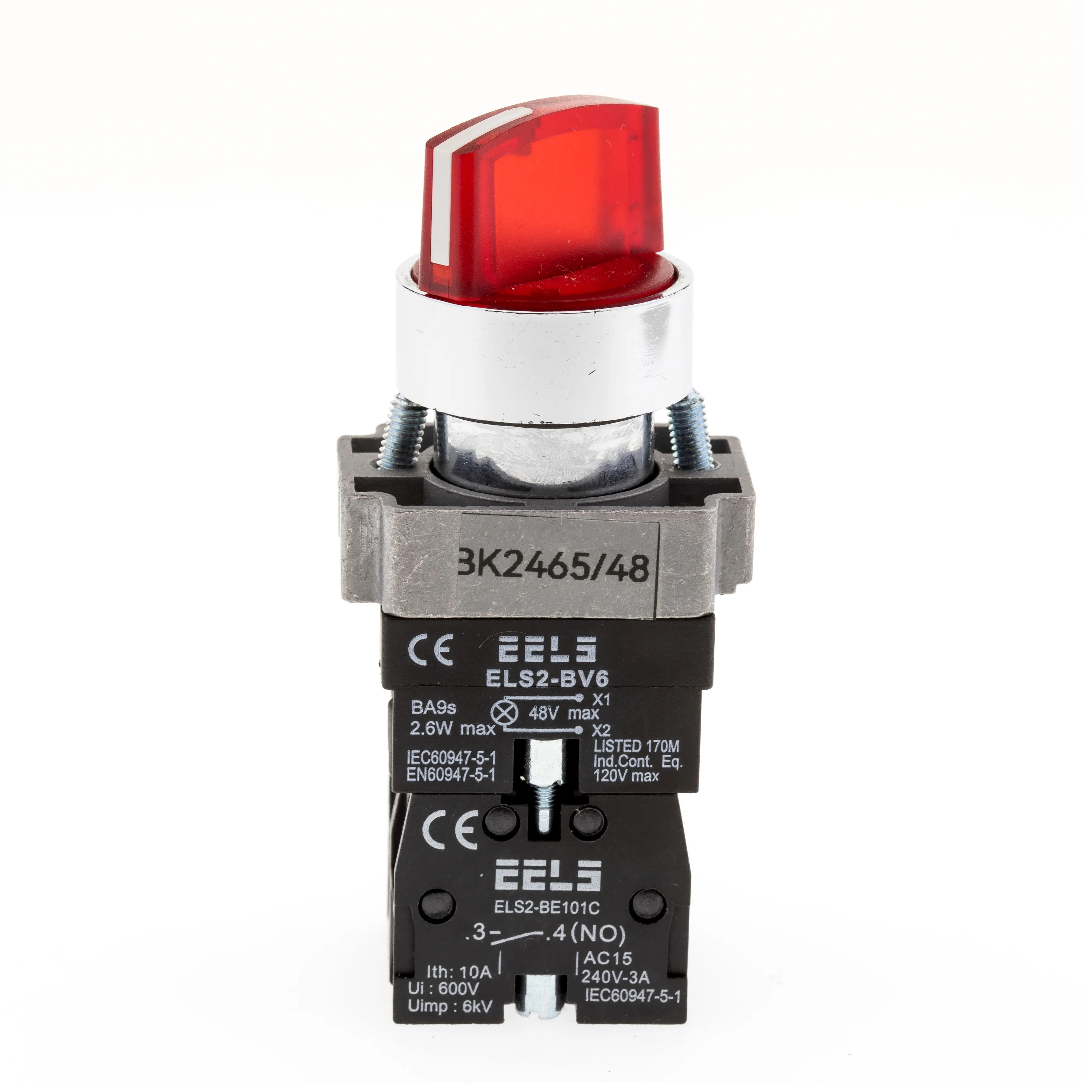 Selector 2 pozitii cu retinere maner iluminat led culoarea rosie 48V DC  ELS2-BK2465 1xNO+1xNC, 3A/240V AC