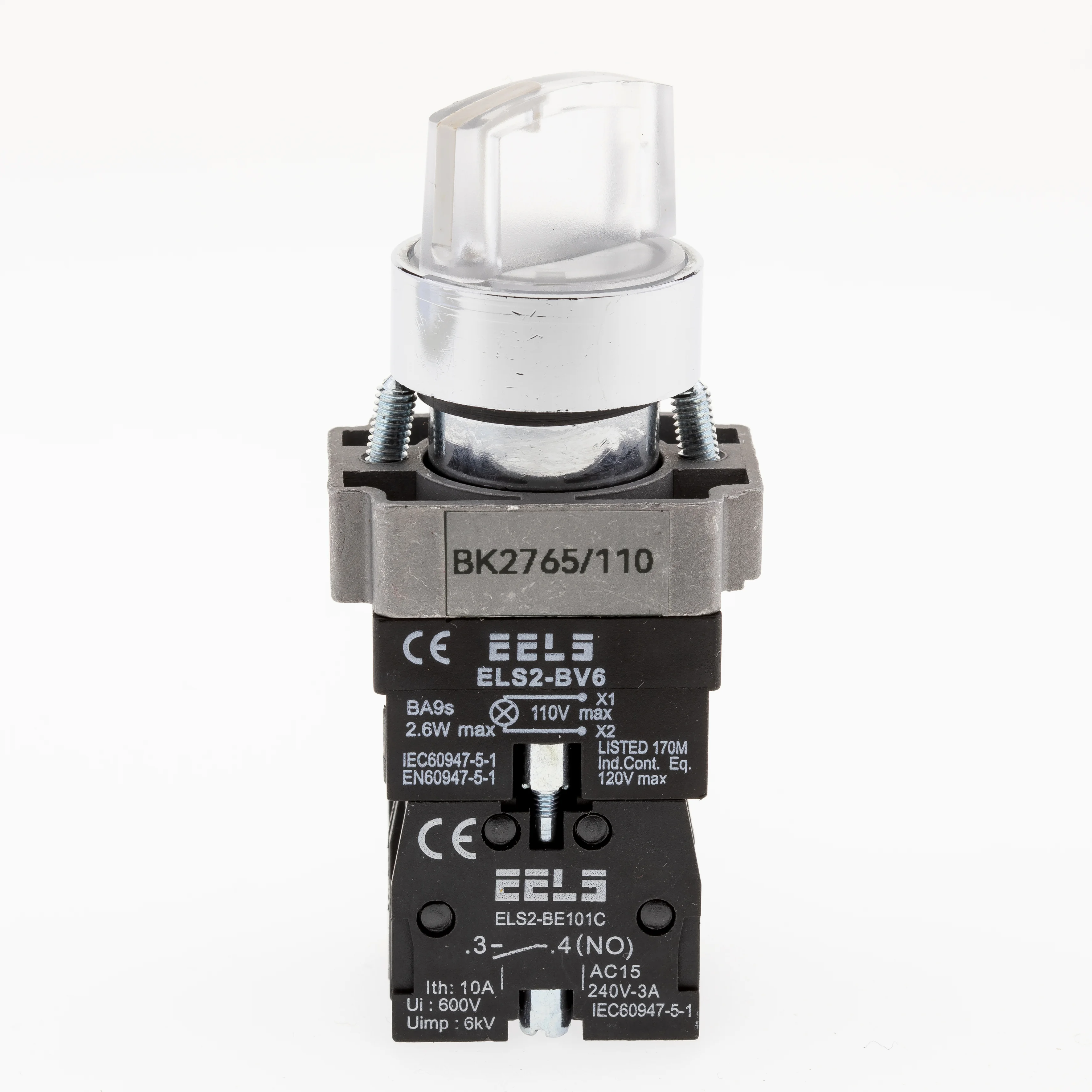 Selector 2 pozitii cu retinere maner iluminat led culoarea alba 110V AC  ELS2-BK2765 1xNO+1xNC, 3A/240V AC