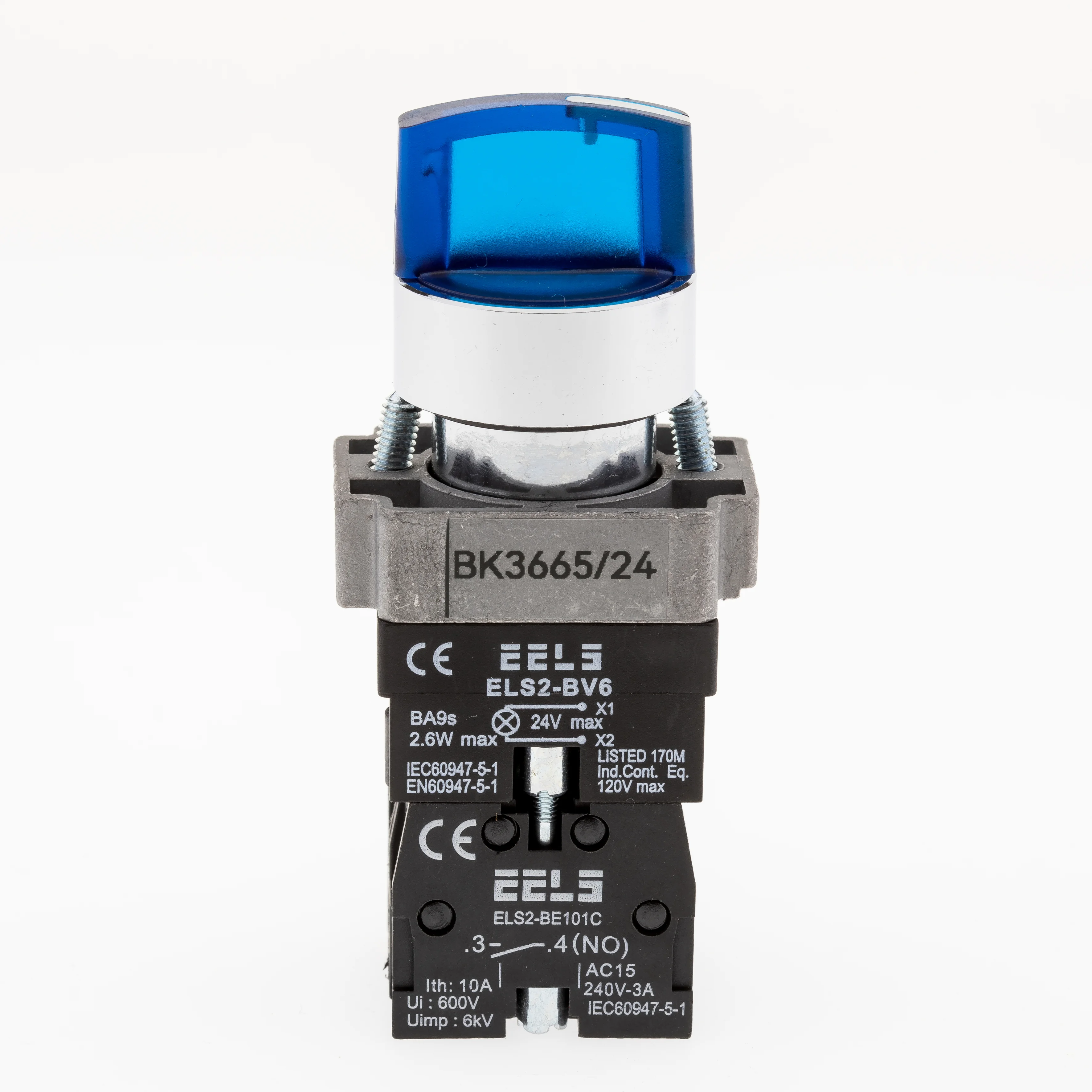 Selector 3 pozitii cu retinere maner iluminat led culoarea albastra 24V DC  ELS2-BK3665 1xNO+1xNC, 3A/240V AC