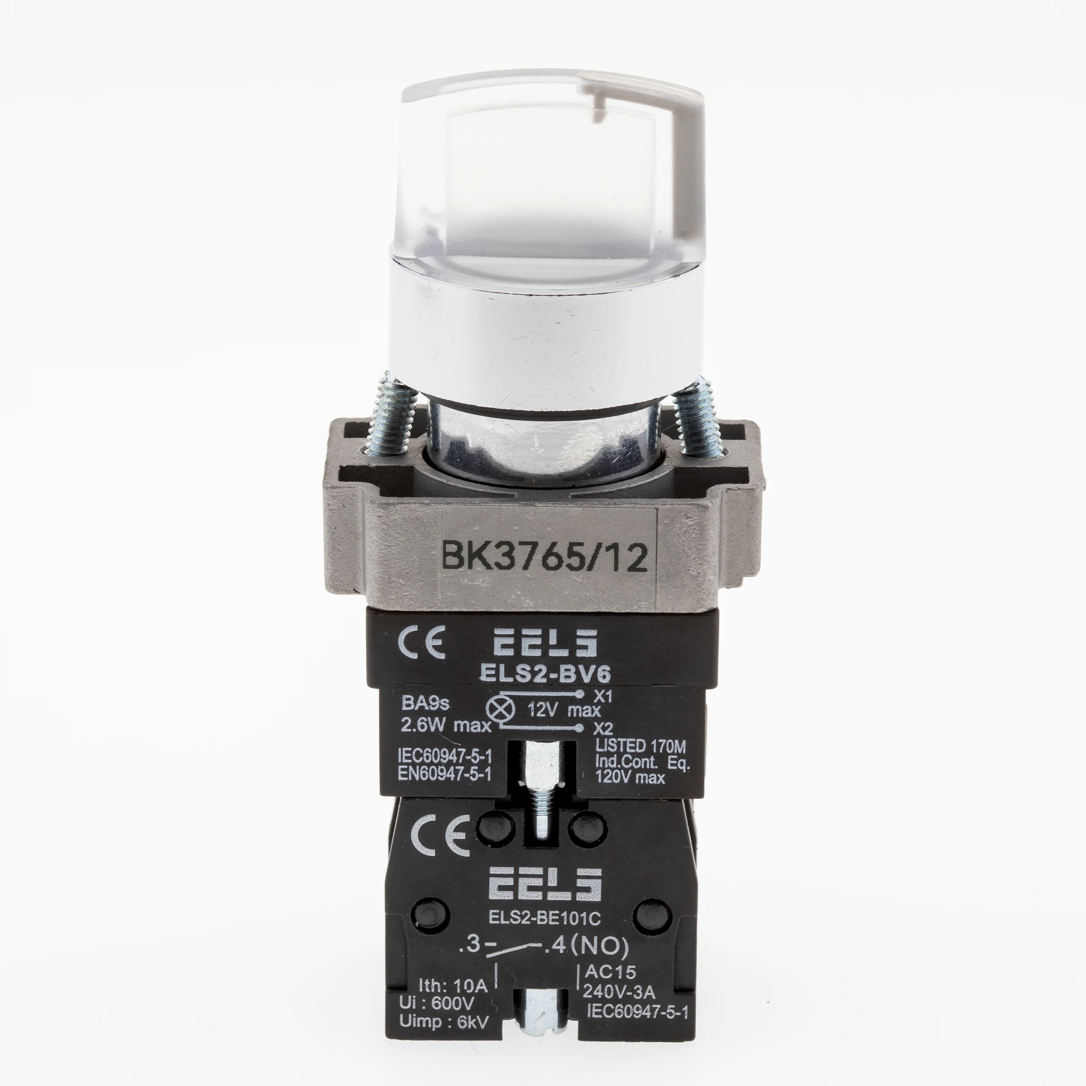 Selector 3 pozitii cu retinere maner iluminat led culoarea alba 12V DC  ELS2-BK3765 1xNO+1xNC, 3A/240V AC