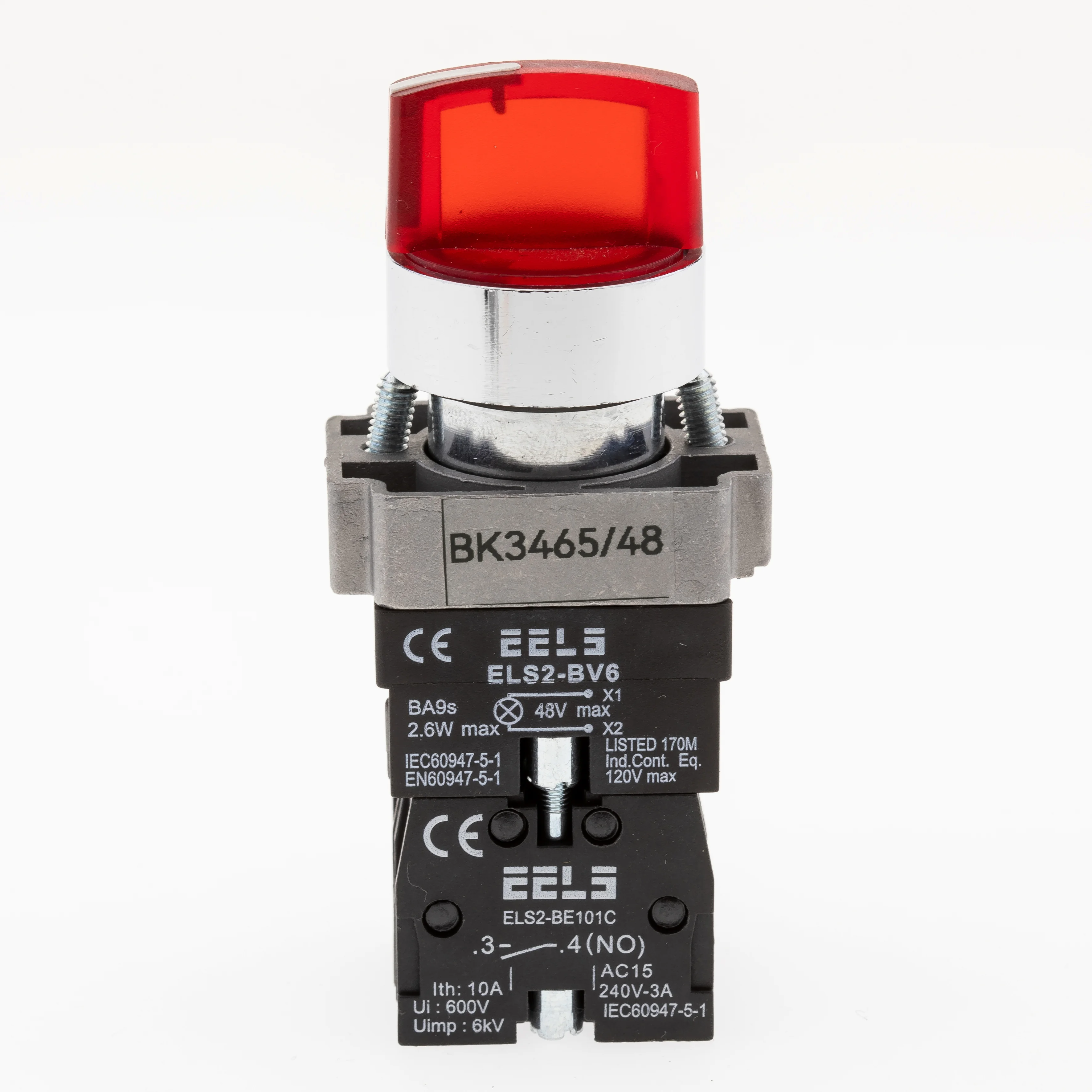 Selector 3 pozitii cu retinere maner iluminat led culoarea rosie 48V DC  ELS2-BK3465 1xNO+1xNC, 3A/240V AC