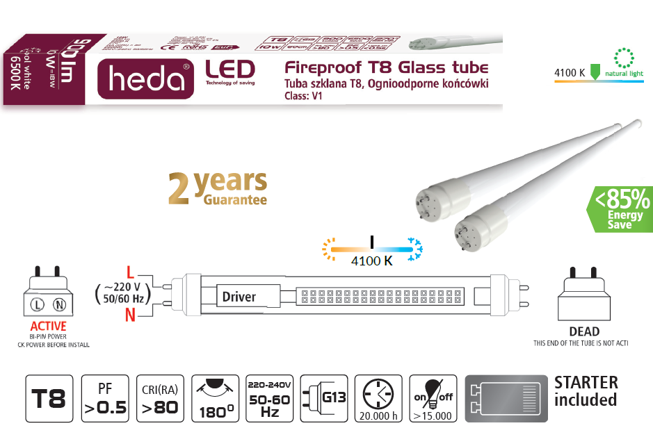 TUB LED STICLA T8 10W 60CM 900lm 4100K NW 841 180° 220~240V AC