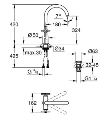 Baterie lavoar Grohe 21044003, 1 bar, 35 mm, 420 mm, 180 mm, 495 mm, 1 orificii instalare, 3/8 dimensiune racord, Crom