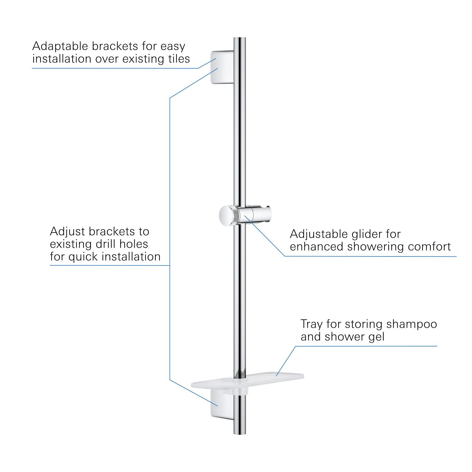 Bara de dus Grohe 26602000, 630 mm, 78 mm, universal, suport dus reglabil, pe perete, metal, plastic, Crom