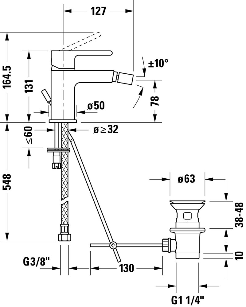 Baterie bideu Duravit B22400001010, B.2, tip comanda monocomanda, mari