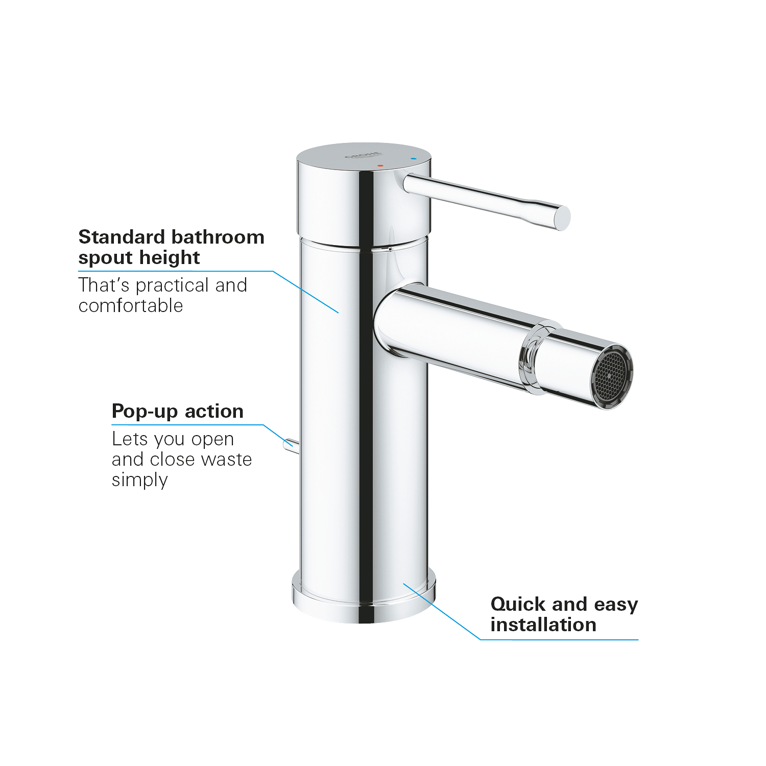 Baterie bideu Grohe 32935001, 28 mm, 1 bar, 34 mm, 147 mm, 111 mm, 390 mm, 1 orificii instalare, Crom
