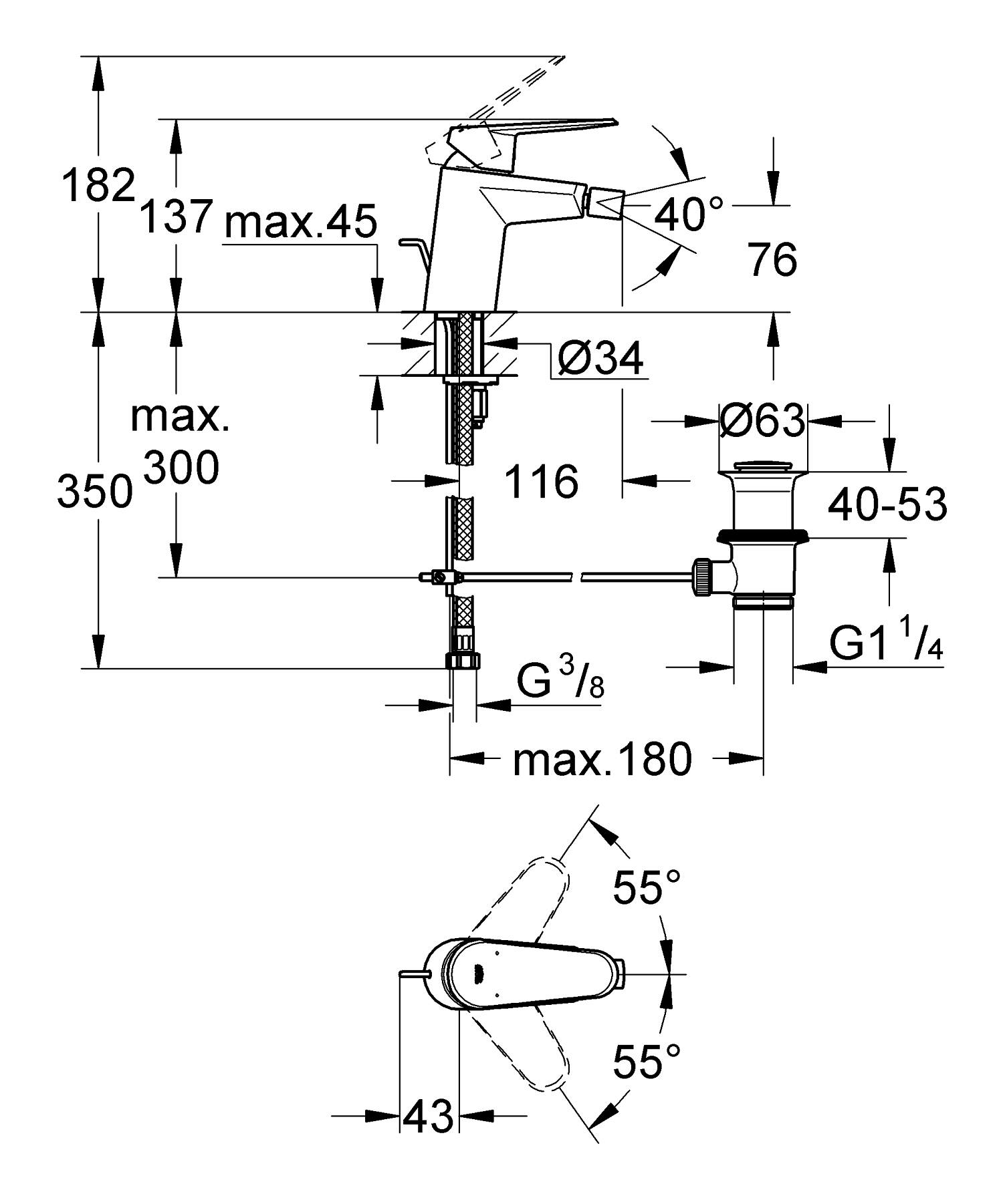 Baterie bideu Grohe 33244002, 35 mm, 0.7 bar, 137 mm, 116 mm, 350 mm, 1 orificii instalare, 3/8 dimensiune racord, Crom