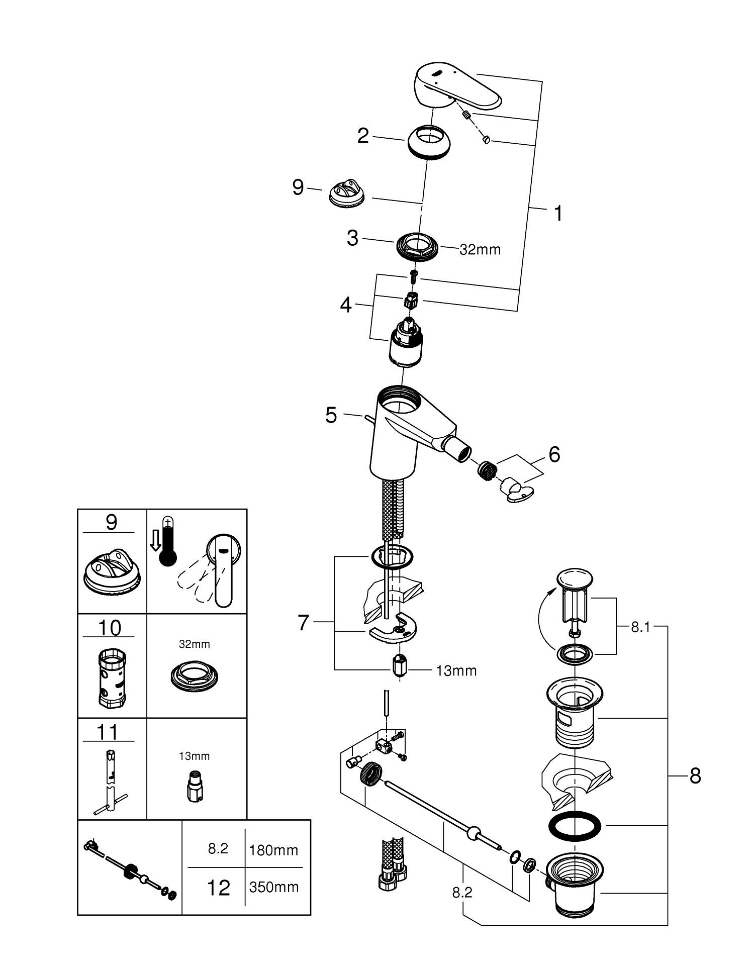 Baterie bideu Grohe 33244002, 35 mm, 0.7 bar, 137 mm, 116 mm, 350 mm, 1 orificii instalare, 3/8 dimensiune racord, Crom