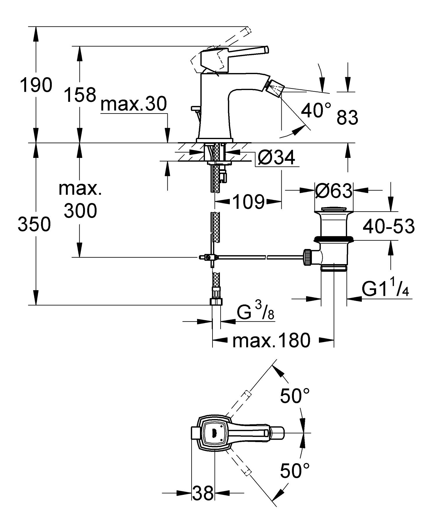 Baterie bideu Grohe 23315000, Grandera, tip comanda monocomanda, marim