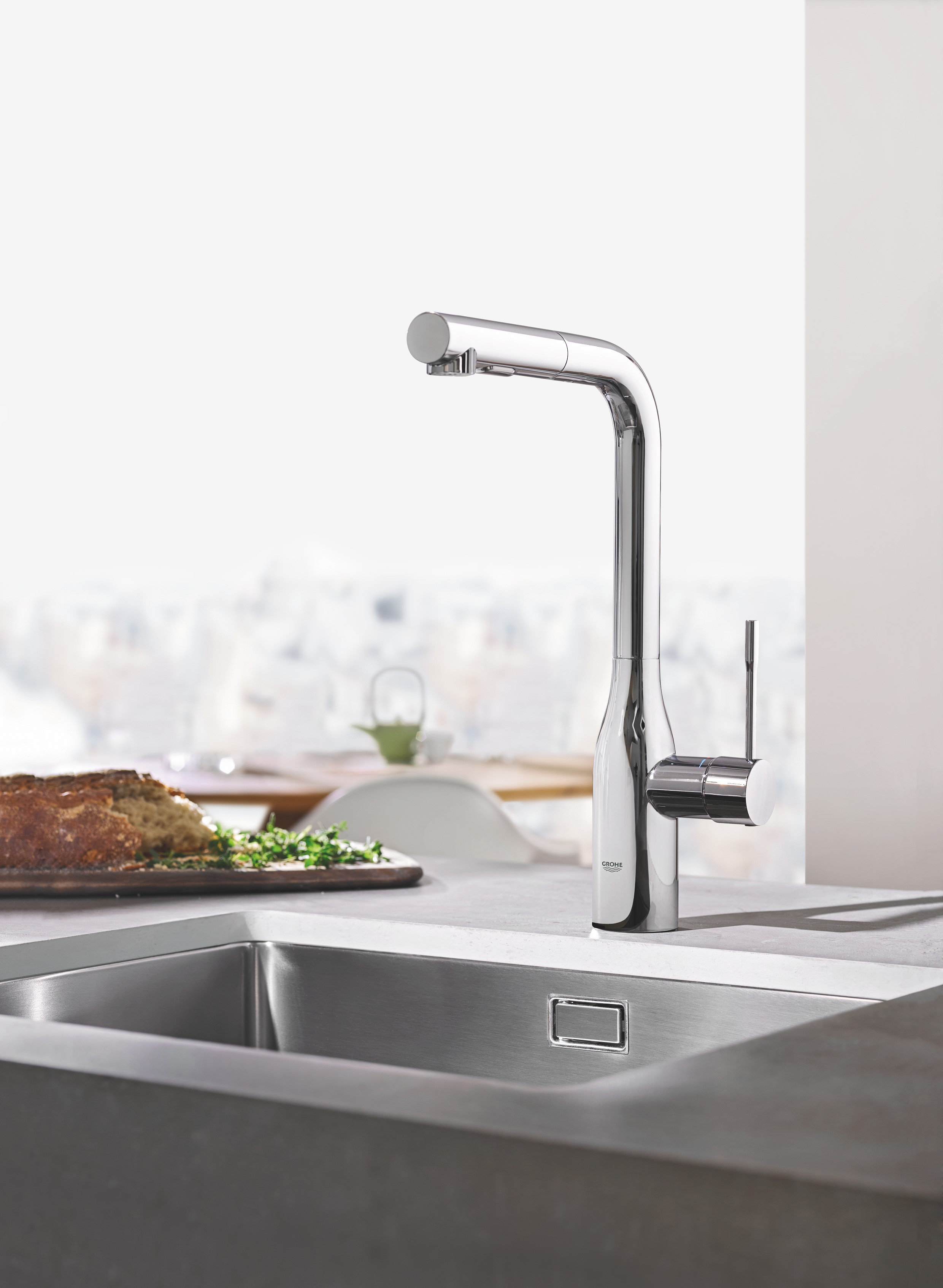 Grohe Baterie de bucatarie grohe essence 30270000, 3/8'', monocomanda, pipa inalta dus extractabil, cartus ceramic, pivotanta,