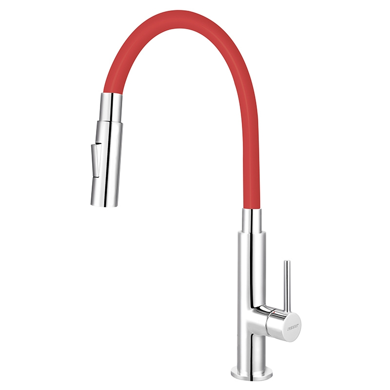 Ferro Baterie bucatarie ferro zumba 2f, inalta, tip c, flexibila, 2 functii, crom/rosu, bza43r