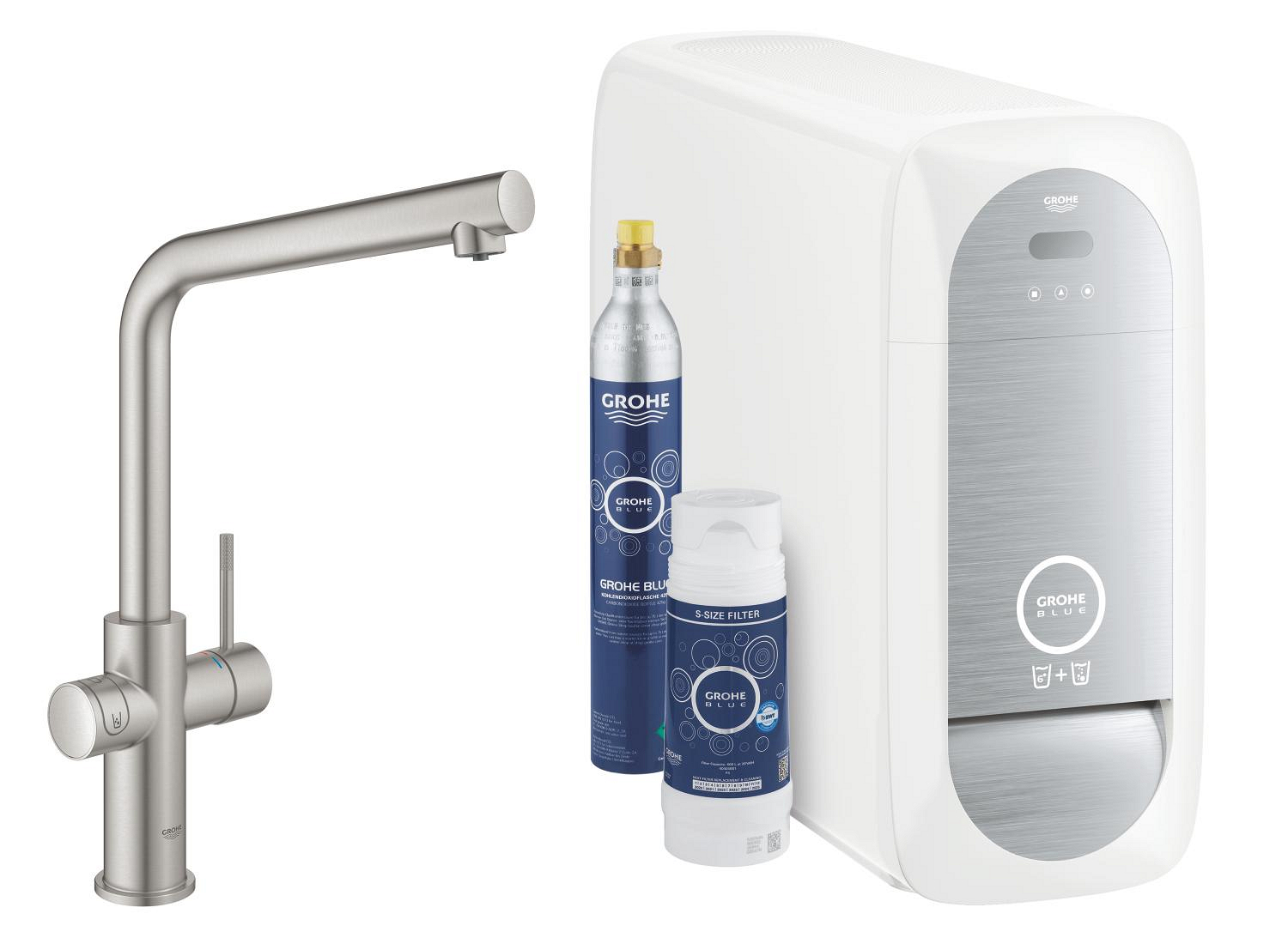 Grohe Baterie bucatarie grohe blue home, inalta, tip l, filtrare, racire, apa carbogazoasa, mat, otel satinat, 31454dc1