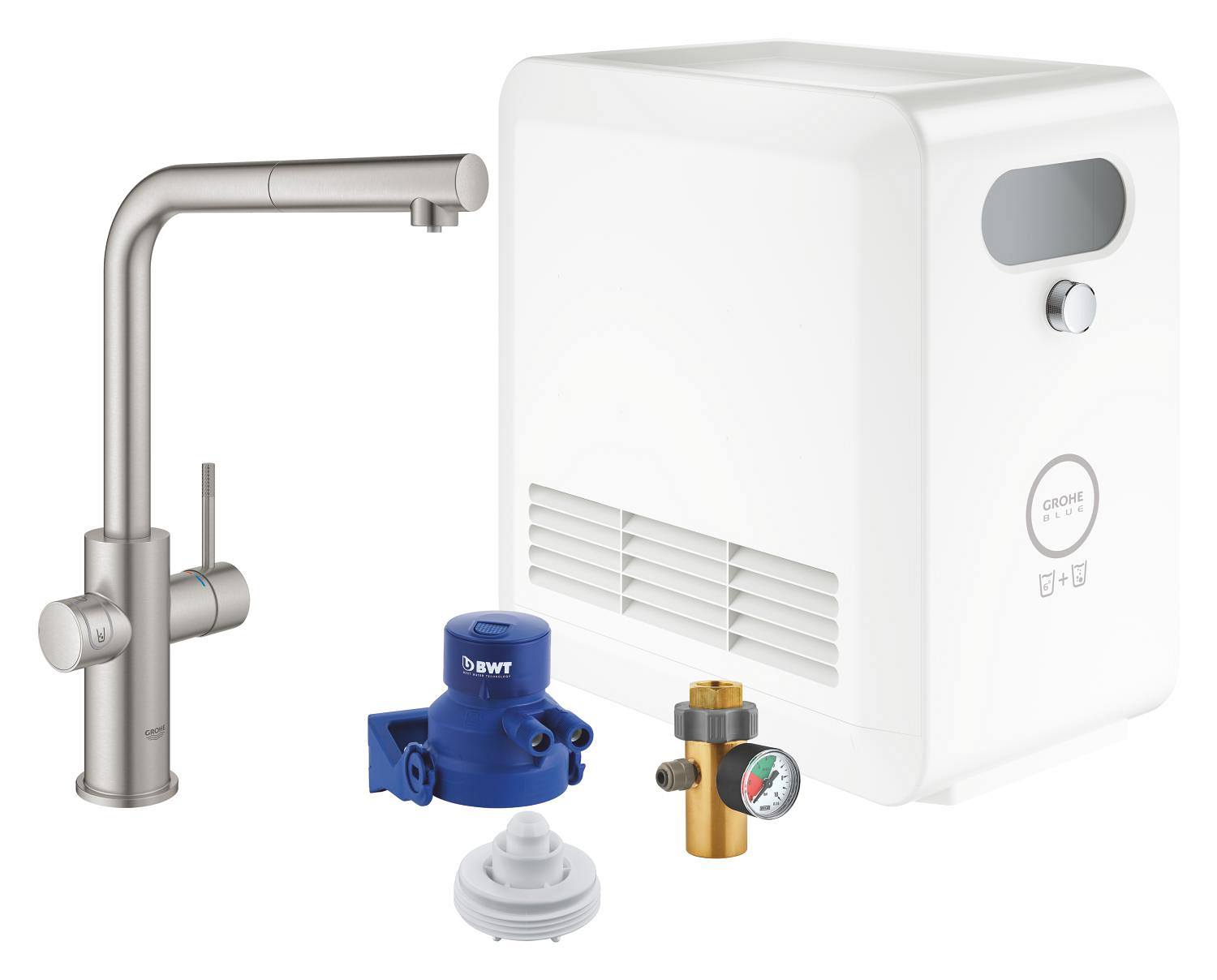 Grohe Baterie bucatarie grohe blue professional, inalta, tip l, filtrare, co2, racire, dus, mat, otel satinat, 31326dc2