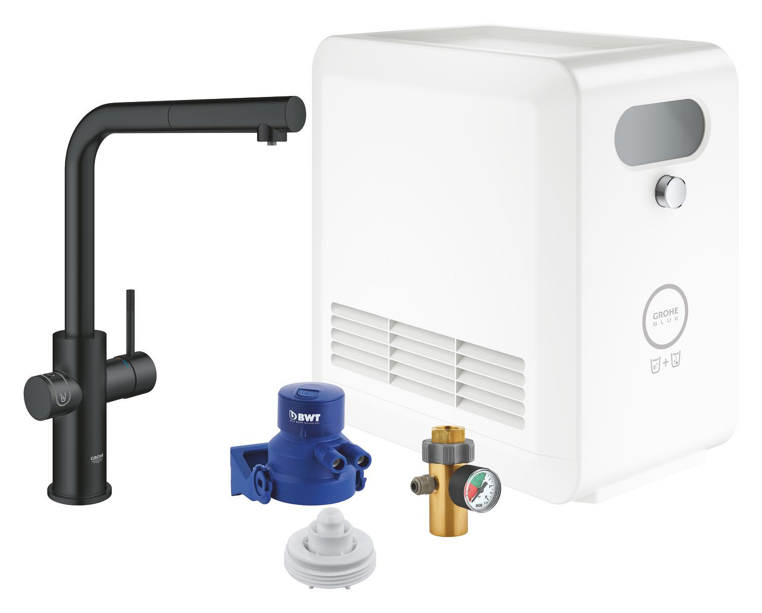 Grohe Baterie bucatarie grohe blue professional, inalta, tip l, filtrare, apa carbogazoasa, dus, mat, negru, 31326ks2