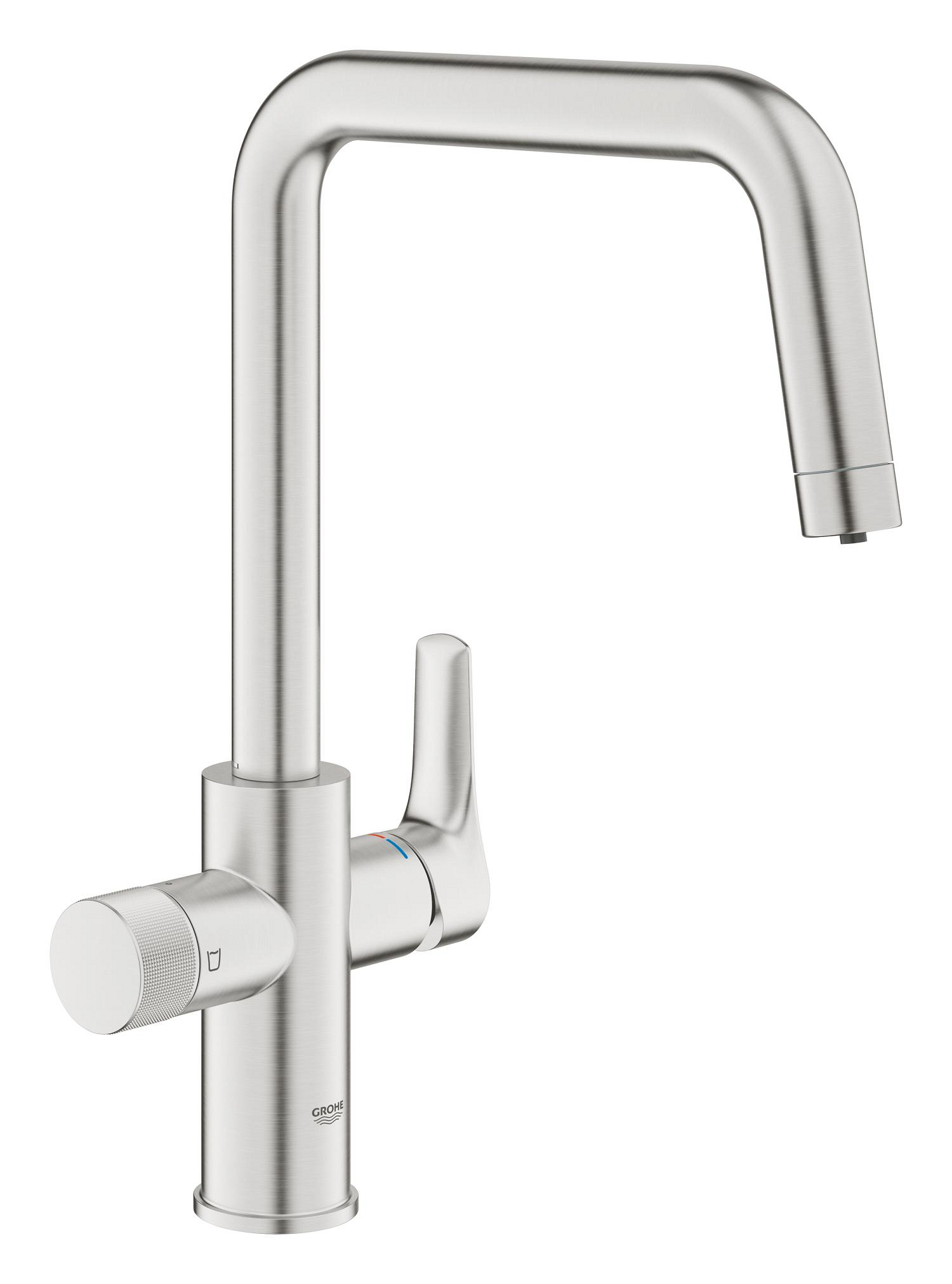 Grohe Baterie bucatarie grohe blue pure eurosmart, inalta, tip u, filtrare, 3 cai, mat, otel satinat, 30583dc0