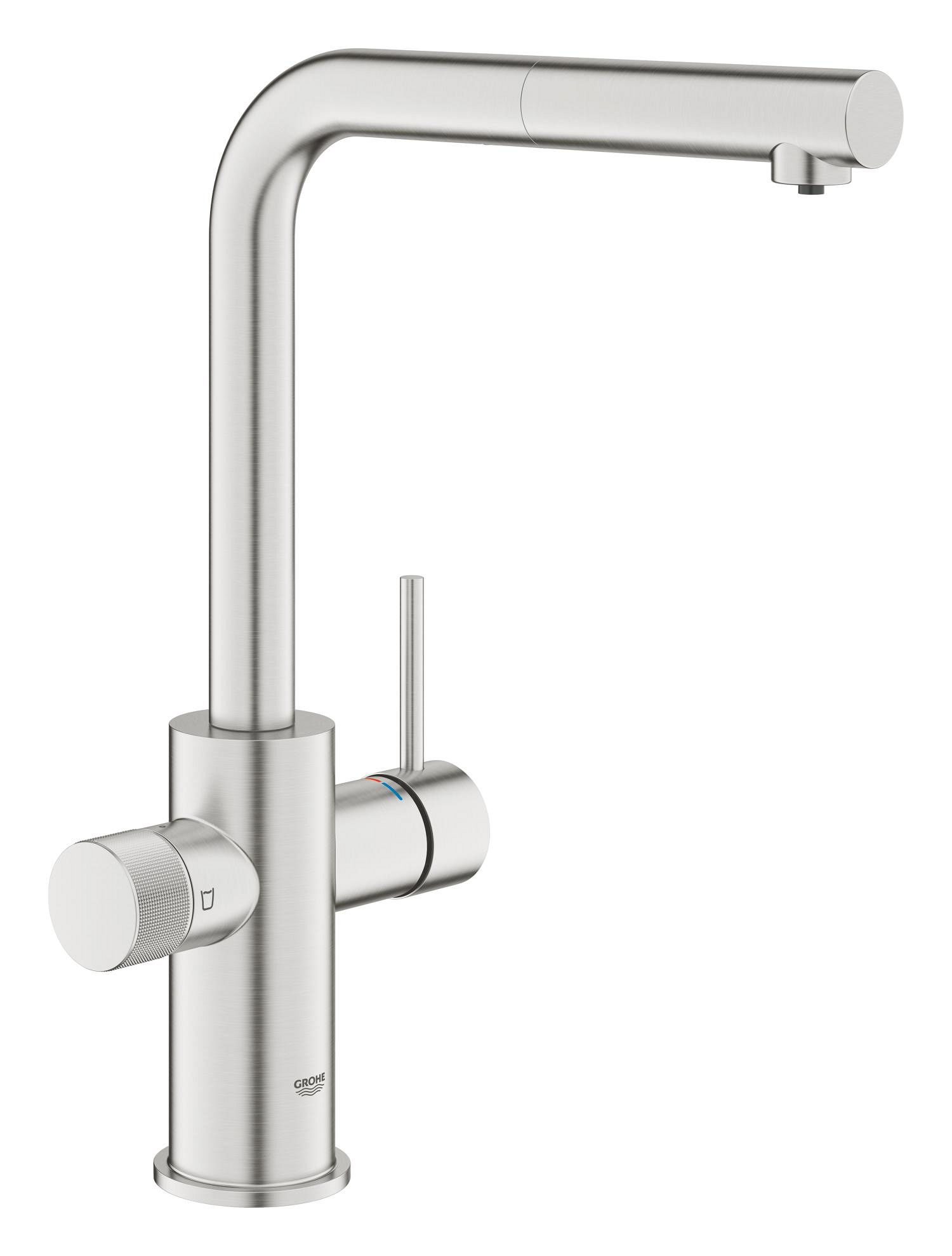 Grohe Baterie bucatarie grohe blue pure minta, inalta, tip l, filtrare, 3 cai, mat, otel satinat, 30590dc0