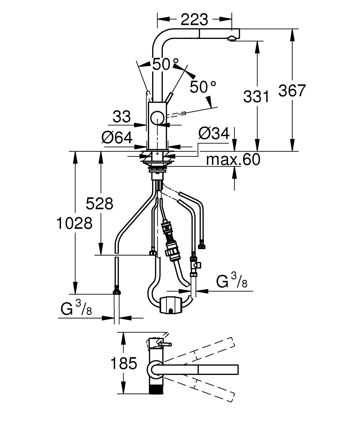 Baterie bucatarie Grohe 30590DC0, 1 bar, 367 mm, 223 mm, 1 orificii instalare, 2 sprayuri, Otel satinat