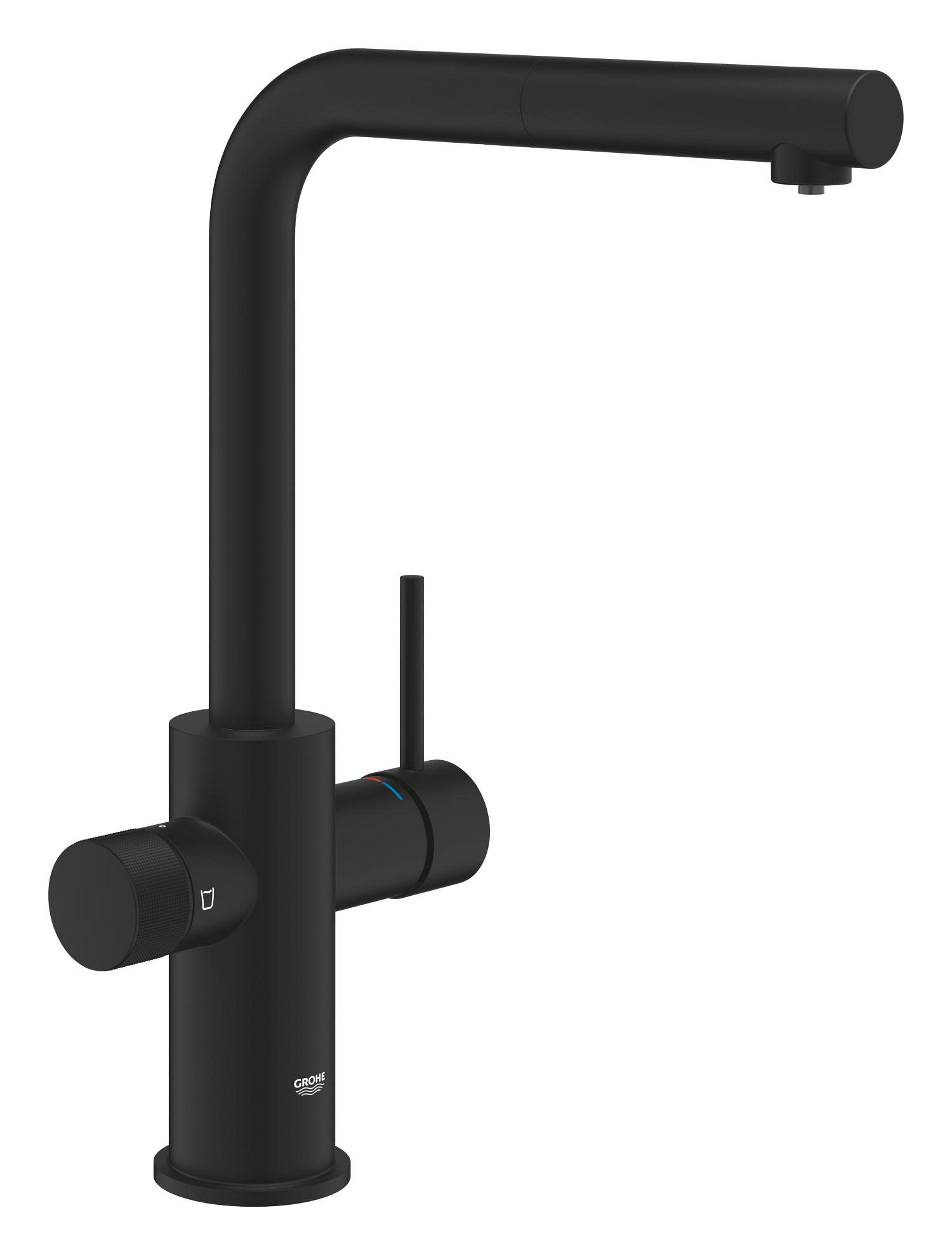Grohe Baterie bucatarie grohe blue pure minta, inalta, tip l, dus extractabil, filtrare, necesita filtru, mat, negru, 30590kf0