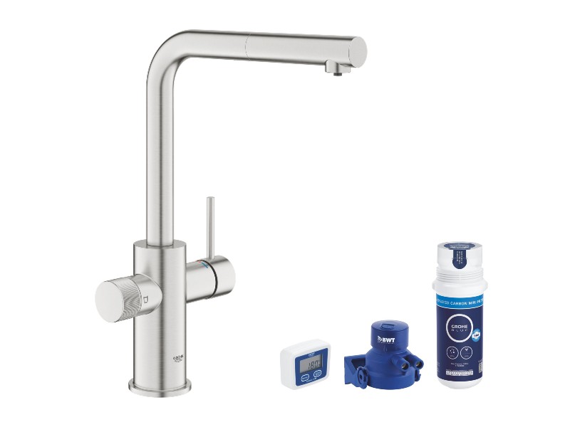 Grohe Baterie bucatarie grohe blue pure minta, inalta, tip l, filtrare, dus, mat, otel satinat, 30601dc0-1st