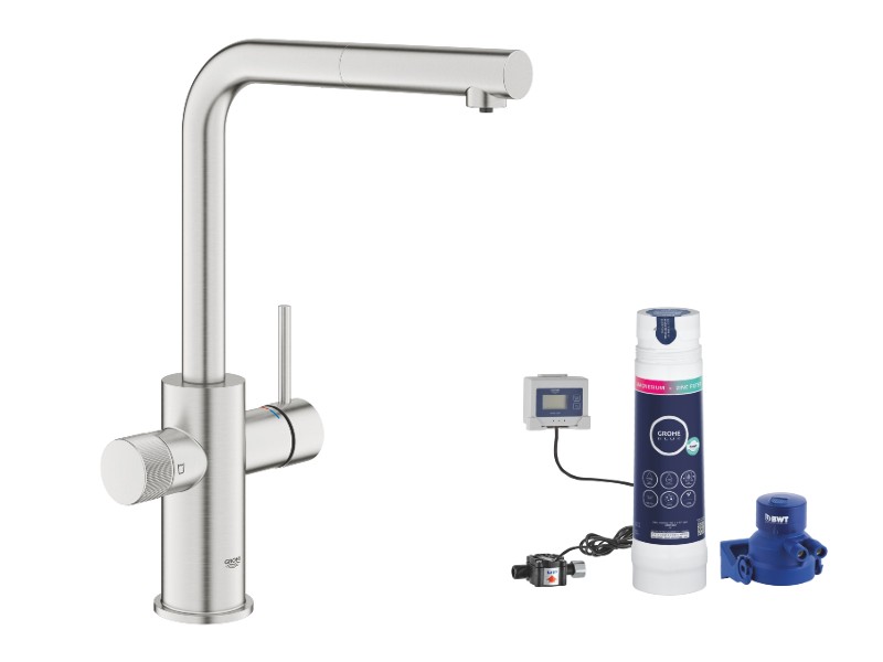 Grohe Baterie bucatarie grohe blue pure minta, inalta, tip l, filtrare, dus, mat, otel satinat, 30601dc0-2st