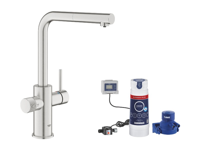 Grohe Baterie bucatarie grohe blue pure minta, inalta, tip l, filtrare, dus, mat, otel satinat, 30601dc0-4st