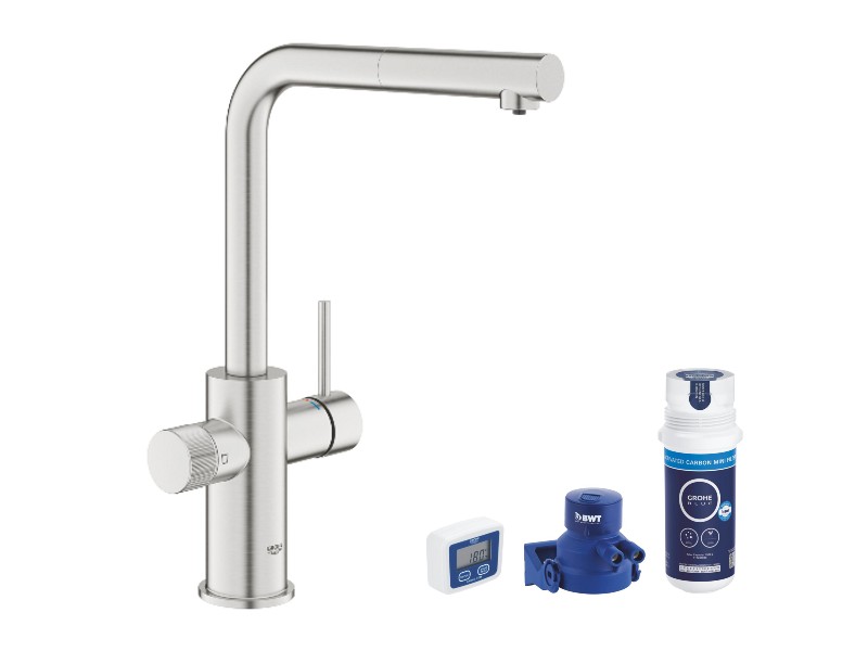 Grohe Baterie bucatarie grohe blue pure minta, inalta, tip l, filtrare, 3 cai, mat, otel satinat, 30590dc0-1st