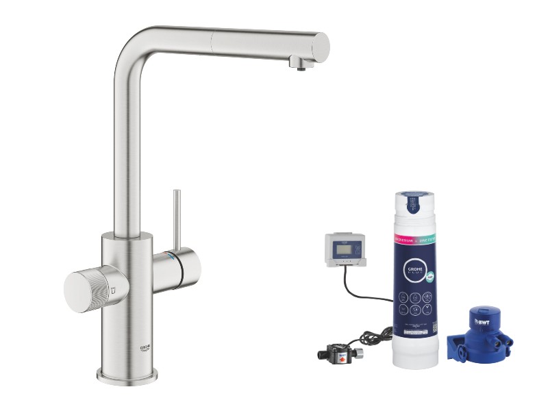 Grohe Baterie bucatarie grohe blue pure minta, inalta, tip l, filtrare, 3 cai, mat, otel satinat, 30590dc0-2st
