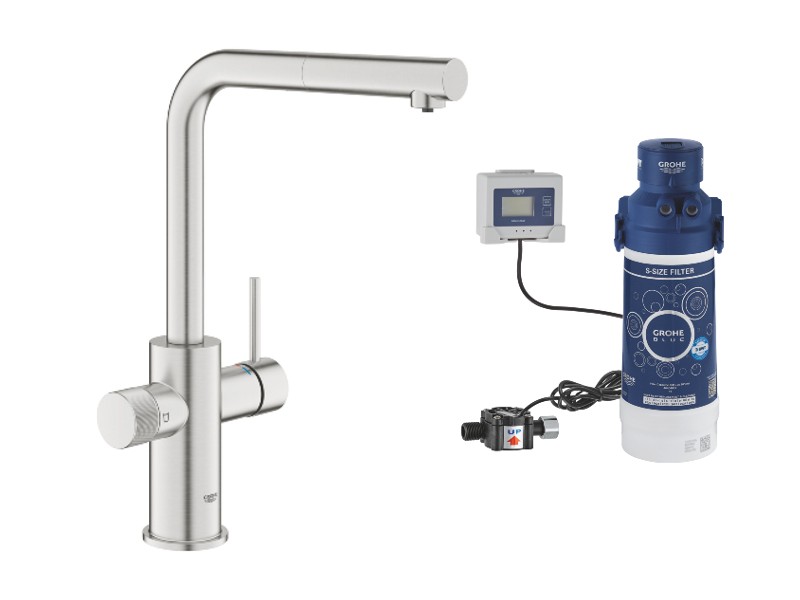 Grohe Baterie bucatarie grohe blue pure minta, inalta, tip l, filtrare, 3 cai, mat, otel satinat, 30590dc0-3st