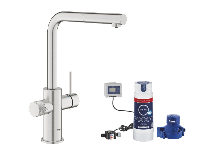 Grohe Baterie bucatarie grohe blue pure minta, inalta, tip l, filtrare, 3 cai, mat, otel satinat, 30590dc0-4st