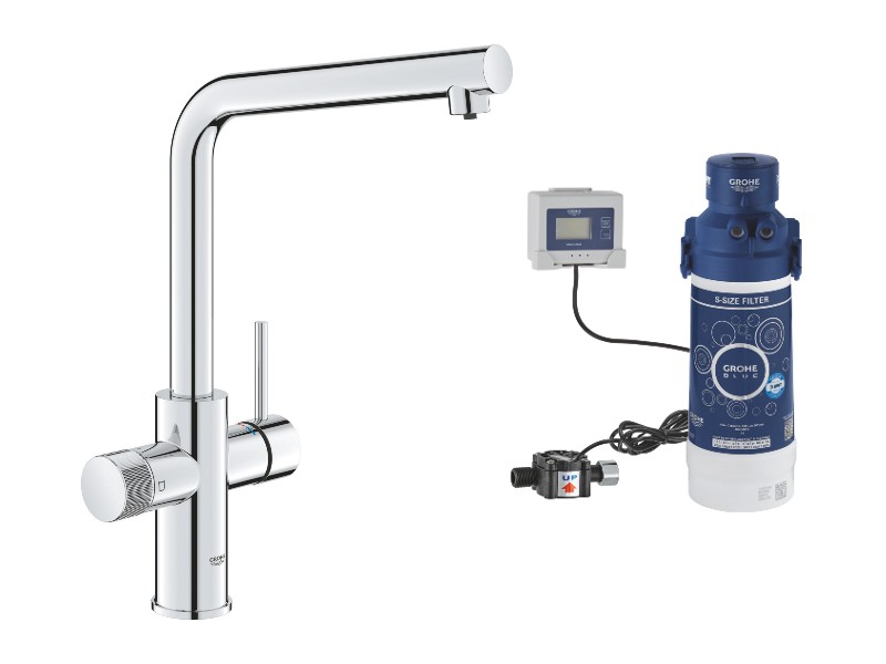 Grohe Baterie bucatarie grohe blue pure minta, inalta, tip l, filtrare, 3 cai, crom, 30588000-3st
