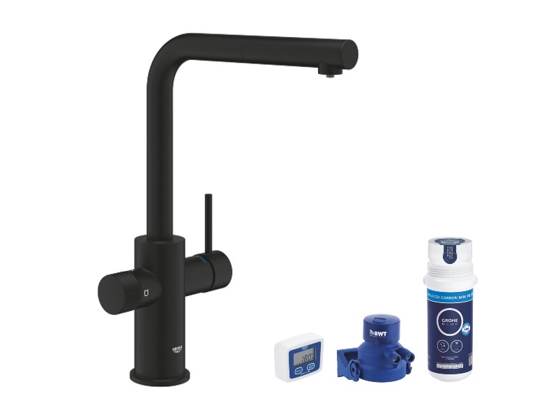 Grohe Baterie bucatarie grohe blue pure minta, inalta, tip l, dus extractabil, filtrare, mat, negru, 30590kf0-1st